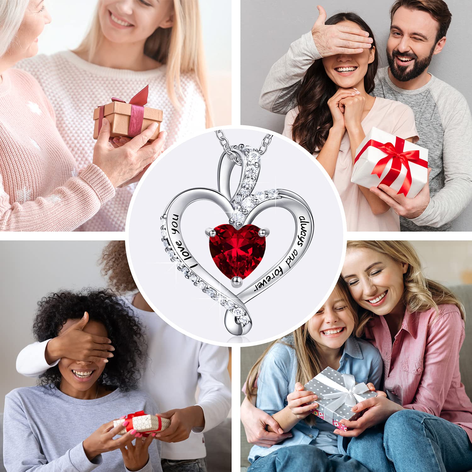 BlingGem Sterling Silver Heart Necklace for Women - 5A CZ Birthstone Pendant Jewelry, Perfect Gift for Mom, Wife, Girlfriend | Valentine's Day, Anniversary, Birthday Gift Idea | I Love You Always and Forever