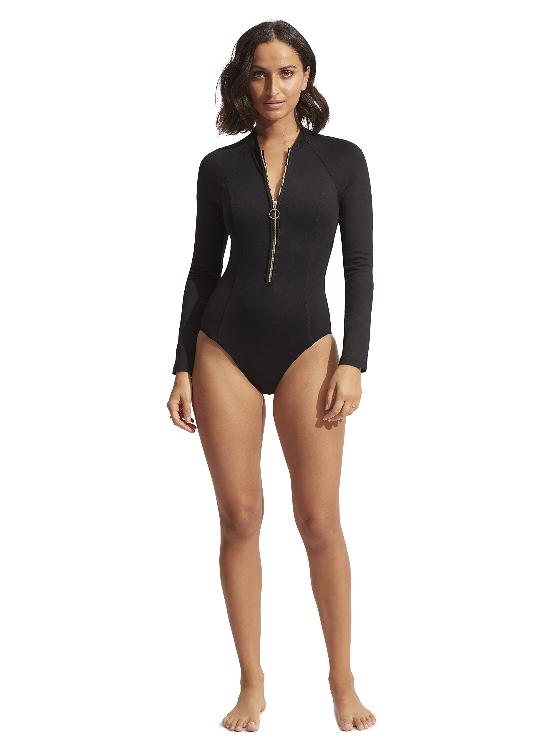 **Seafolly Women's Long Sleeve One Piece Swimsuit with Front Zip - UPF 50+ Sun Protection for Surfing, Swimming & Beach Activities**