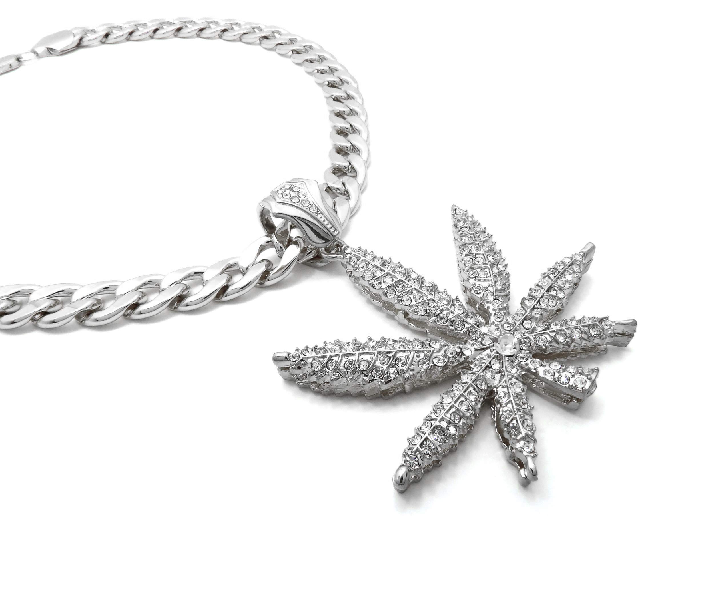 11mm Iced Out Marijuana Leaf Pendant with 20 Cuban Chain - Hip Hop Necklace RC3351R for Men & Women - Perfect for Rappers, Streetwear Fashion & Weed Enthusiasts