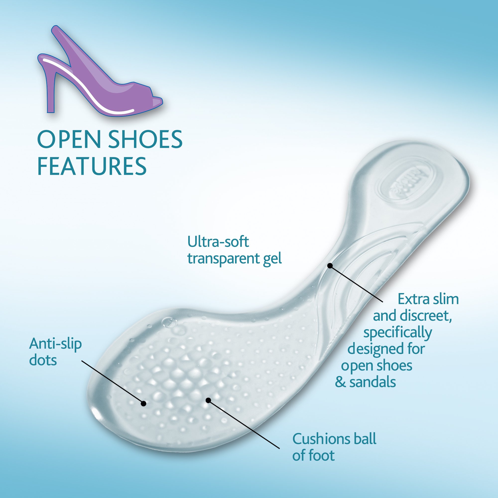 Amope GelActiv Open Shoes Insoles for Women - Cushioned Arch Support & Pain Relief - 1 Pair (Size 5-10) - Perfect for Sandals, Flip Flops & Summer Footwear Comfort