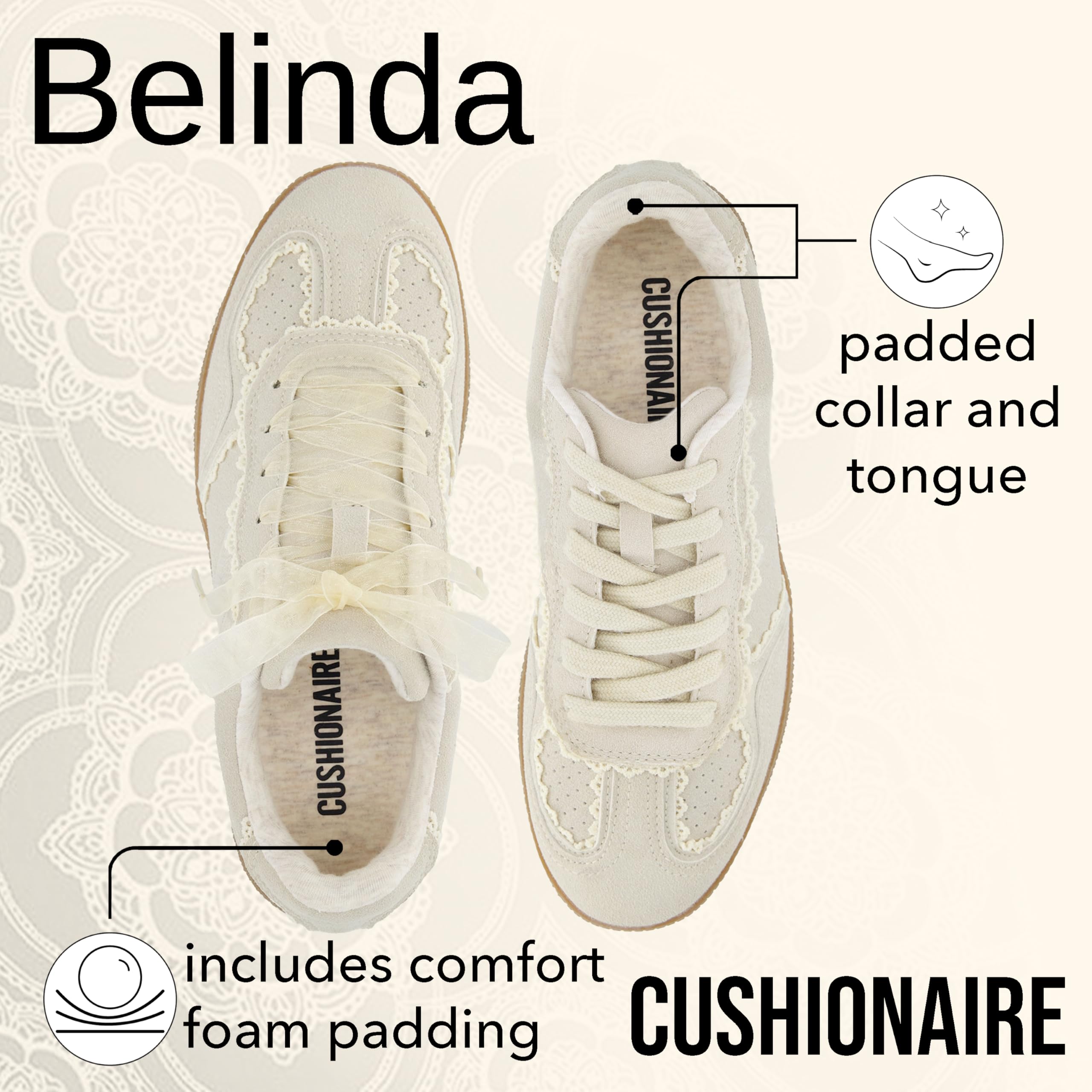 CUSHIONAIRE Women's Belinda Casual Sneakers with Lace Detail & Memory Foam - Elegant Ribbon Lace-Up Comfort Shoes for Walking, Work & Everyday Wear