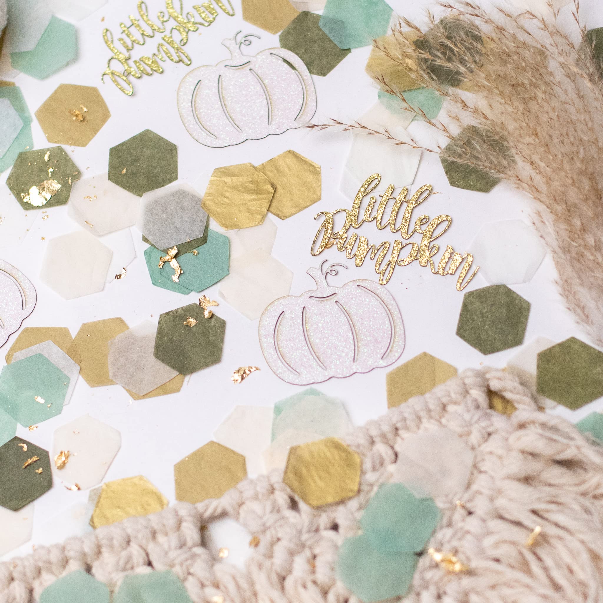Little Pumpkin Baby Shower Decorations - Pink & White Pumpkin Confetti for Baby Shower Girl (Green & Gold Theme) | Gender Reveal Party, Fall Nursery Decor, Halloween Baby Celebration