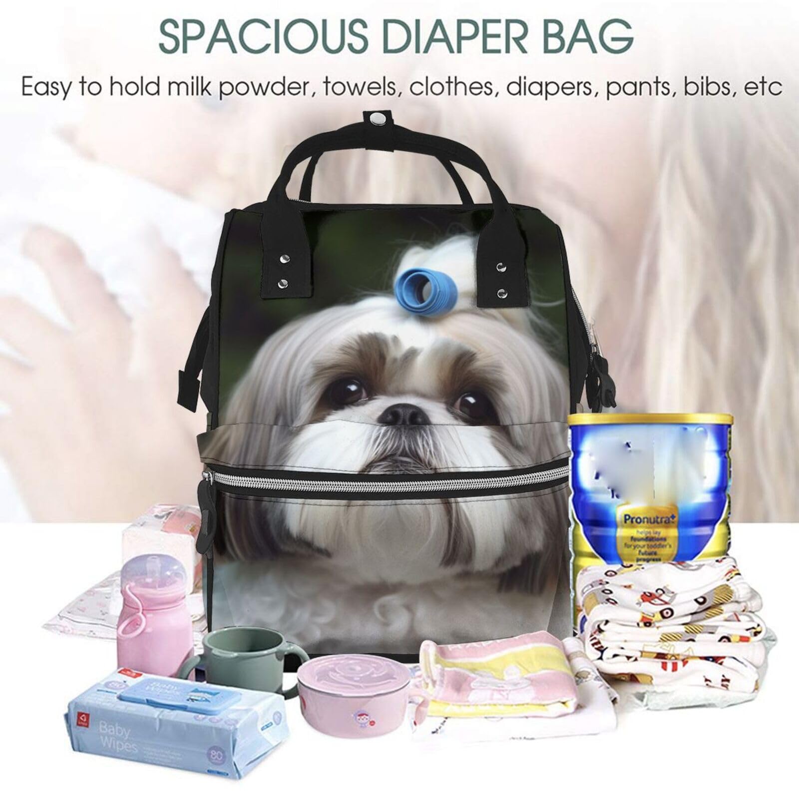 **JTRKN Large Capacity Diaper Backpack for Moms - Shih Tzu Dog Print, Unisex Multi-Function Travel Backpack for Outdoor, Hiking & Daily Use - Black One Size Daypack**