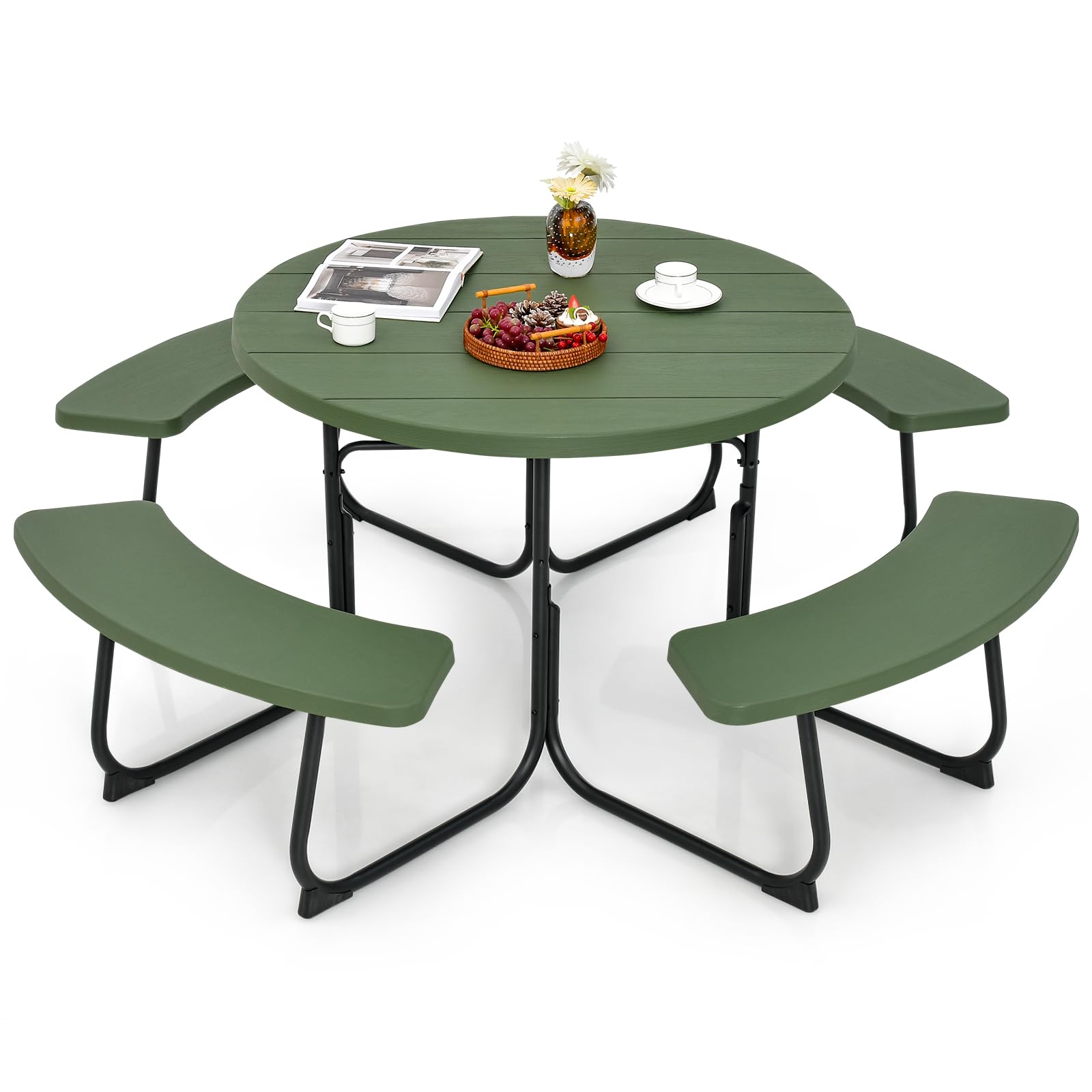 Tangkula 8-Person Outdoor Picnic Table Set with 4 Built-in Benches - Round Metal Frame & Durable HDPE Tabletop - Umbrella Hole Included - Perfect for Garden, Backyard, Patio, Park & Beach Gatherings (Green)