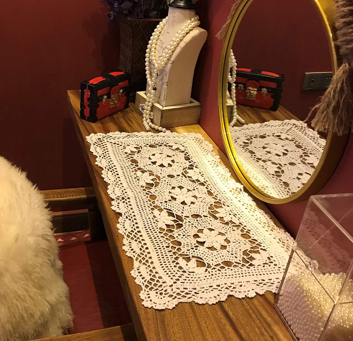 Janef Beige Handmade Crochet Cotton Table Runner - 16x28 Inch Lace Doily Rectangular Dresser Scarf for Dining Table, Coffee Table & Home Decor