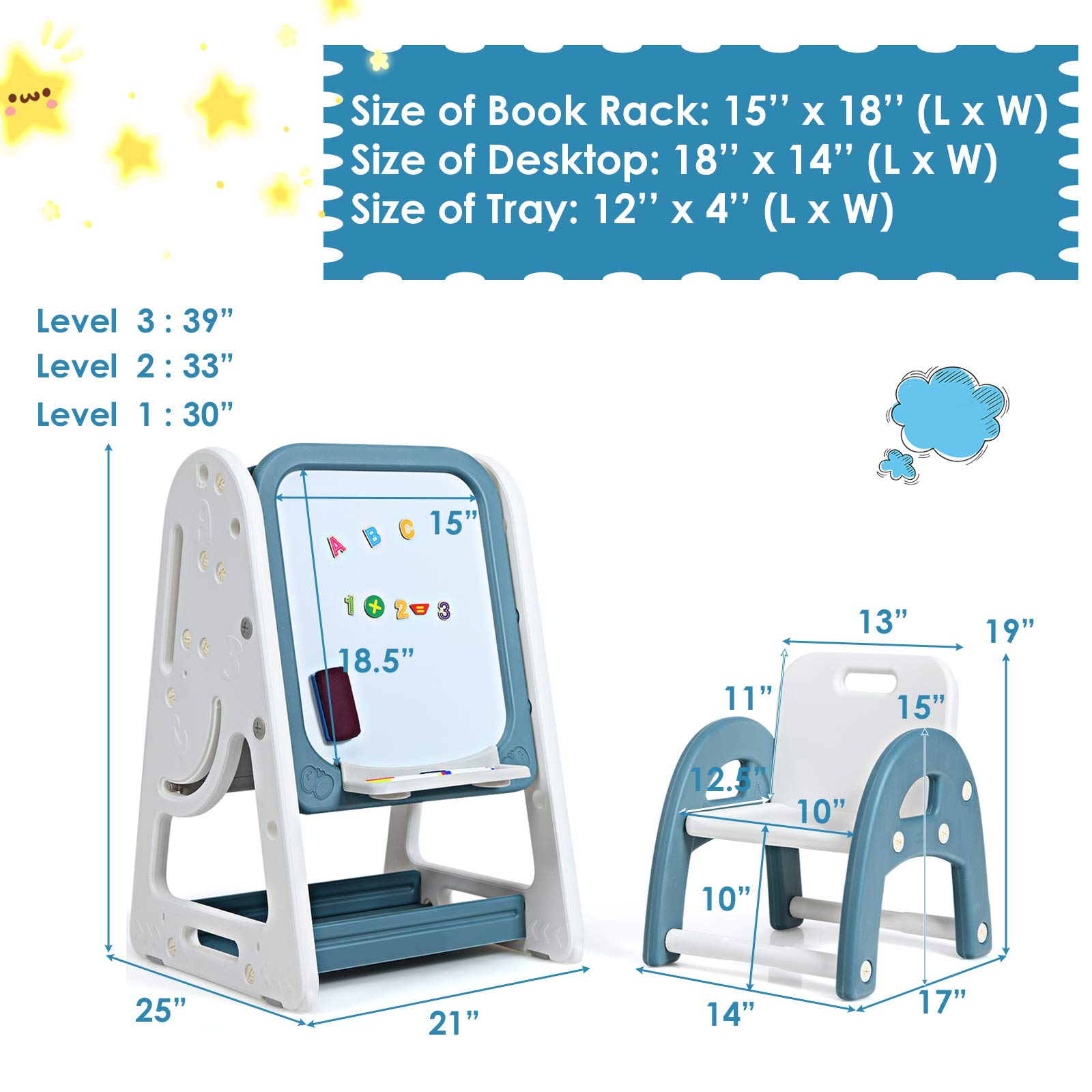 Costzon 3-in-1 Adjustable Kids Art Easel with Stool - Double-Sided Magnetic Whiteboard & Chalkboard, Foldable Desktop & Book Rack - Includes Alphabet & Number Magnets (Blue) - Perfect for Preschool Learning, Home Classroom & Creative Play