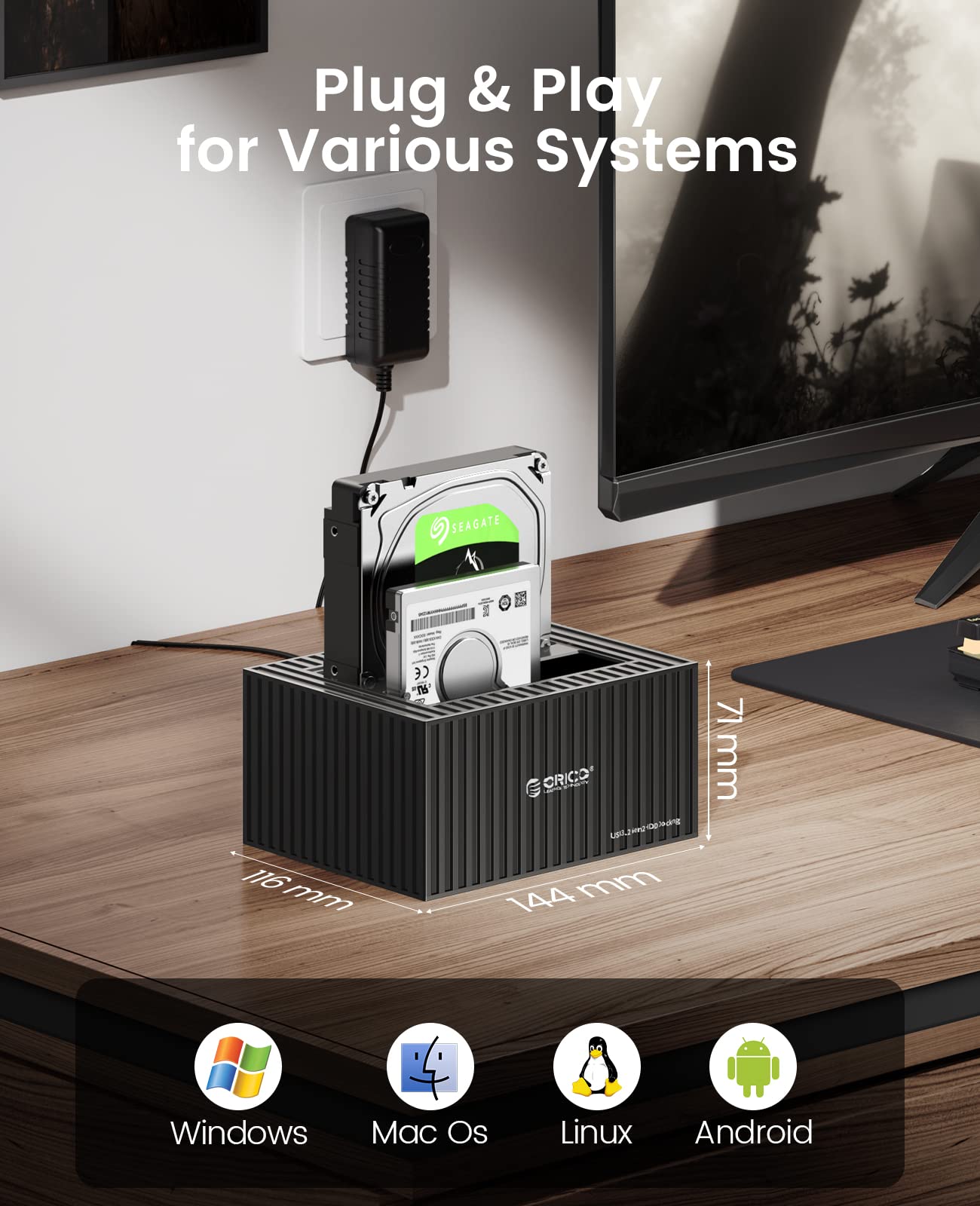 ORICO USB 3.1 Aluminum Alloy External Hard Drive Docking Station - Dual Bay for 2.5/3.5 Inch HDD SSD up to 18TB Each - Includes 10Gbps USB-C & USB-A Cables - Perfect for Data Backup, File Transfer & Media Storage