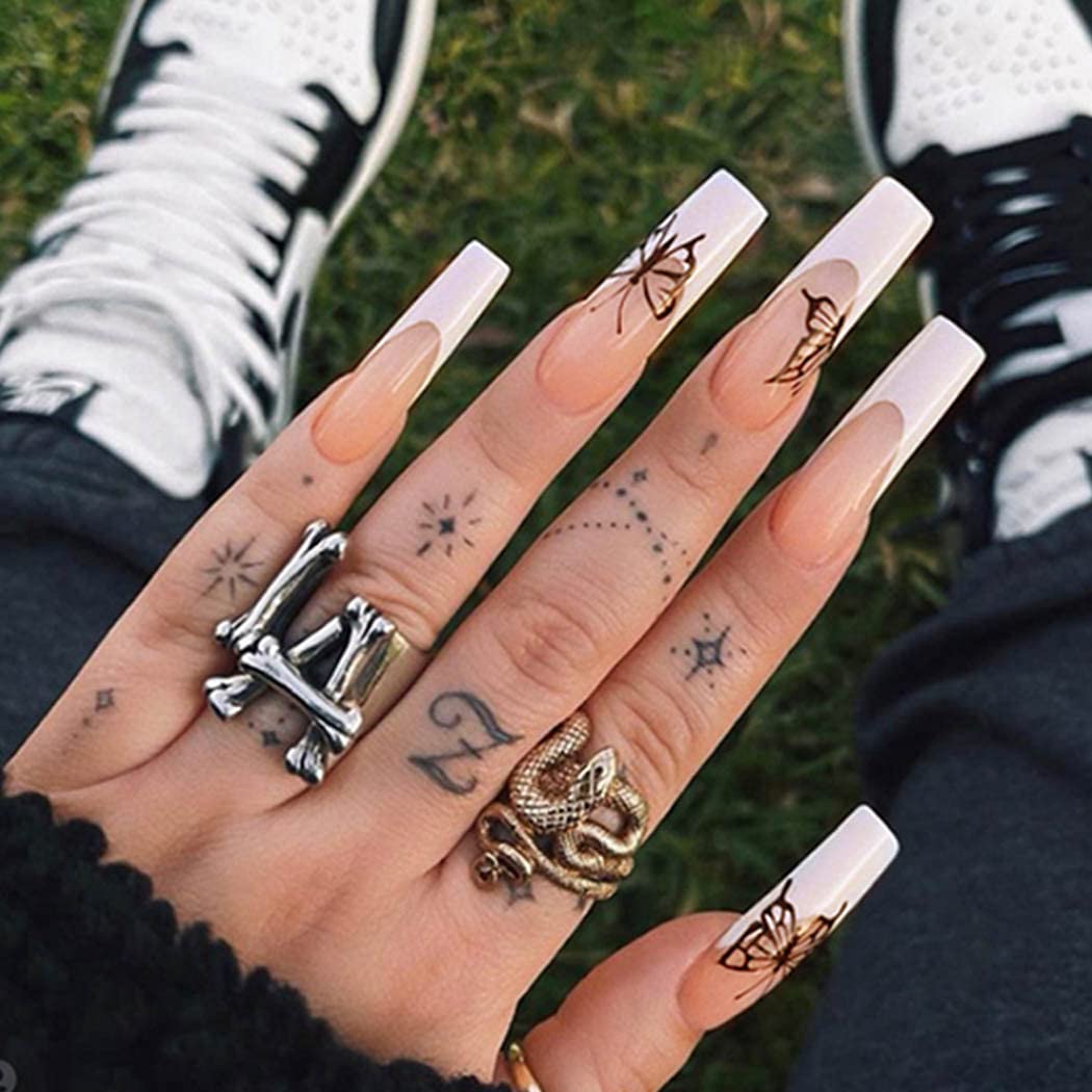 Long Square Coffin Press on Nails - Glossy Pink Butterfly Fake Nails with Ballerina French Tips - 24Pcs Acrylic Artificial Nail Set for Women & Girls - Perfect for Parties, Weddings, and Daily Wear