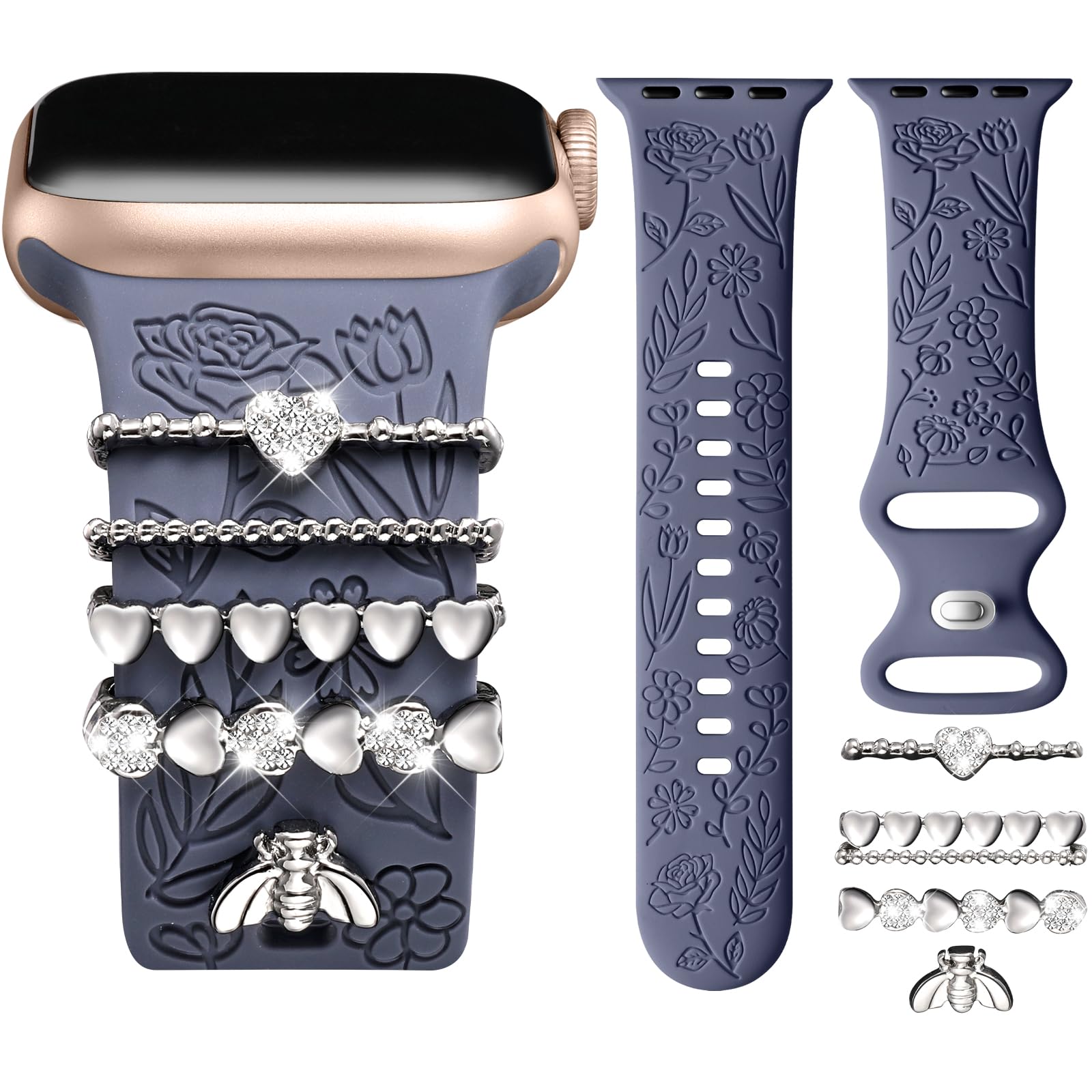 DaQin Floral Engraved Silicone Band Compatible with Apple Watch Series 9/8/7/6/5/4/3/2/1/SE - 38mm 40mm 41mm 42mm 44mm 45mm Women's Fashion Watch Strap with Decorative Charms - Perfect for Workouts, Office Wear & Everyday Style