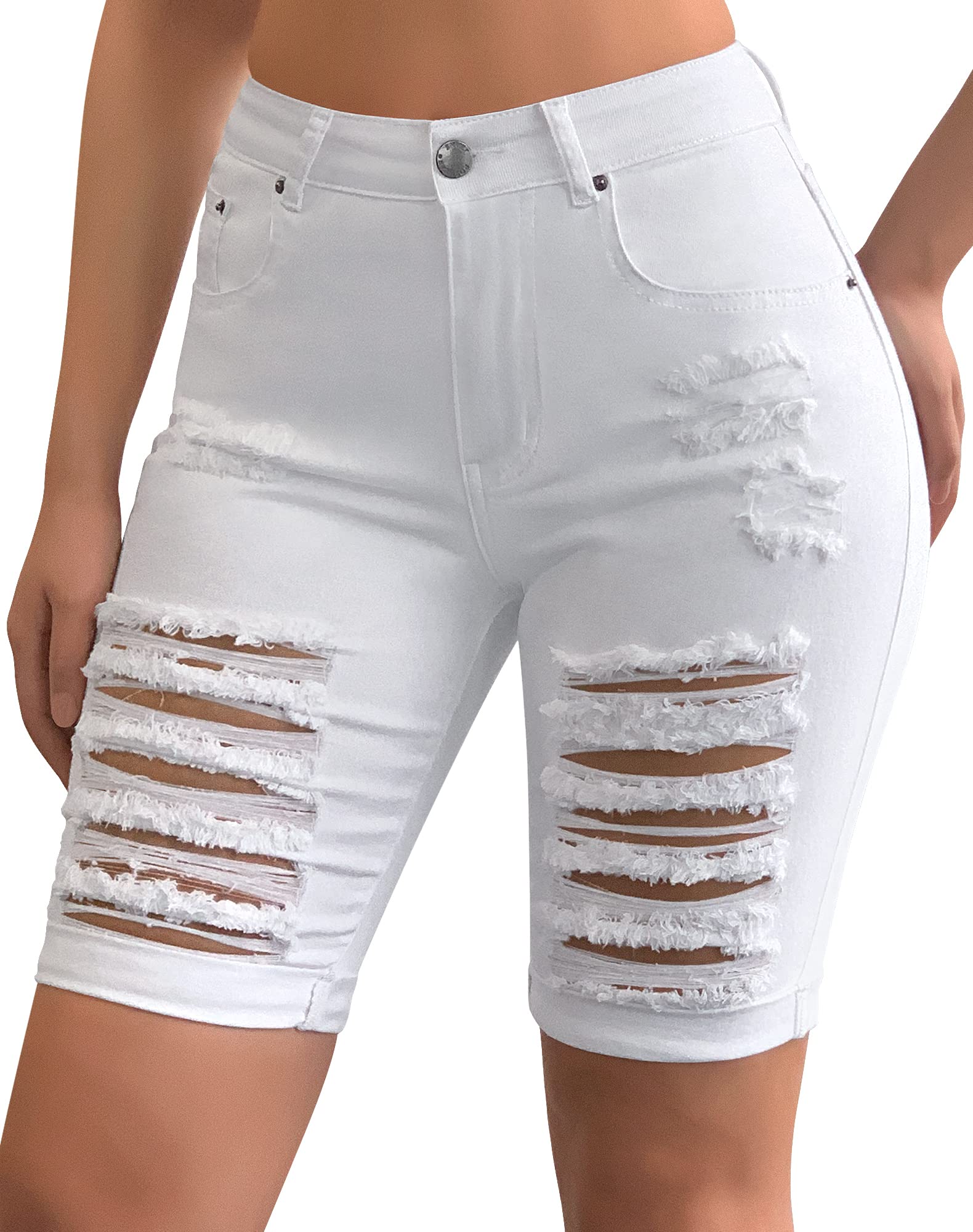 Roswear Women's Distressed Knee-Length Ripped Stretchy Denim Shorts - Comfortable Casual Summer Outfit for Beach, Shopping & Street Style
