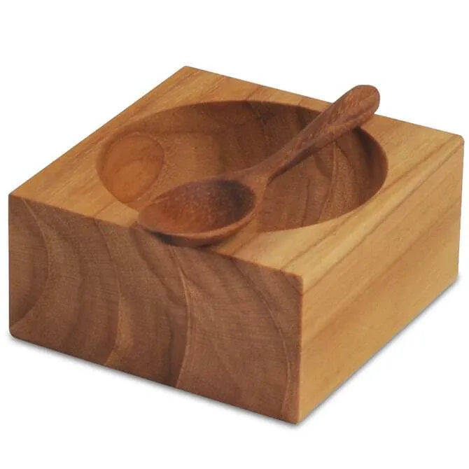 Premium Teak Wood Square Salt Cellar with Natural Teak Spoon - Elegant Kitchen Tabletop Seasoning Container for Cooking, Baking & Dining Decor