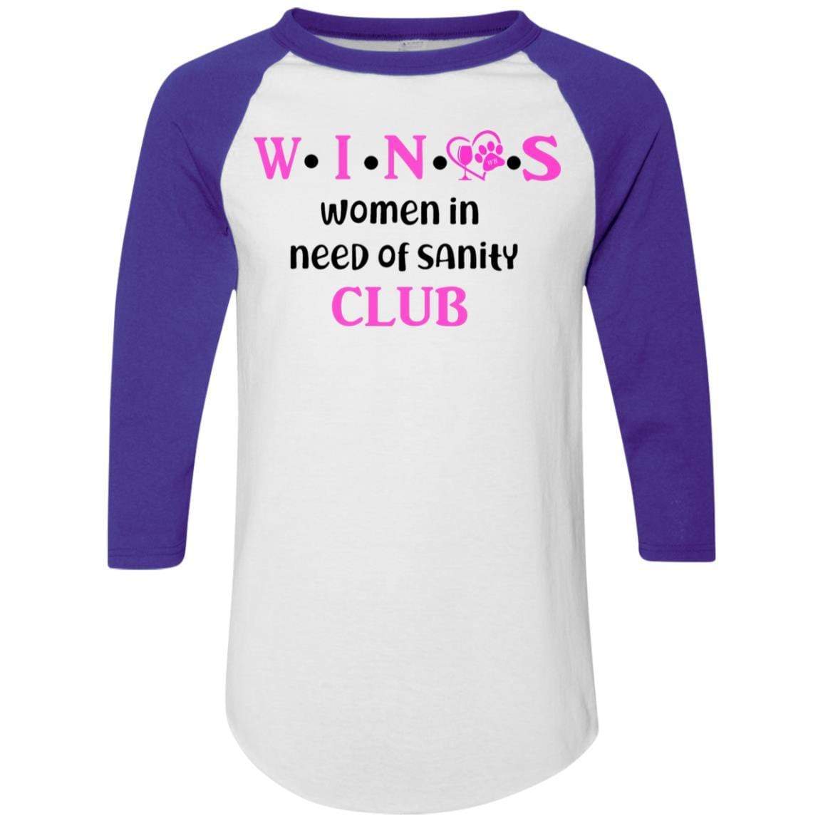 WineyBitches.Co WINOS Club Colorblock Raglan Jersey - Pink Lettering Women's Baseball Tee | Soft Cotton Blend Long Sleeve Shirt for Wine Lovers | Perfect for Wine Tasting Parties & Girls Night Out