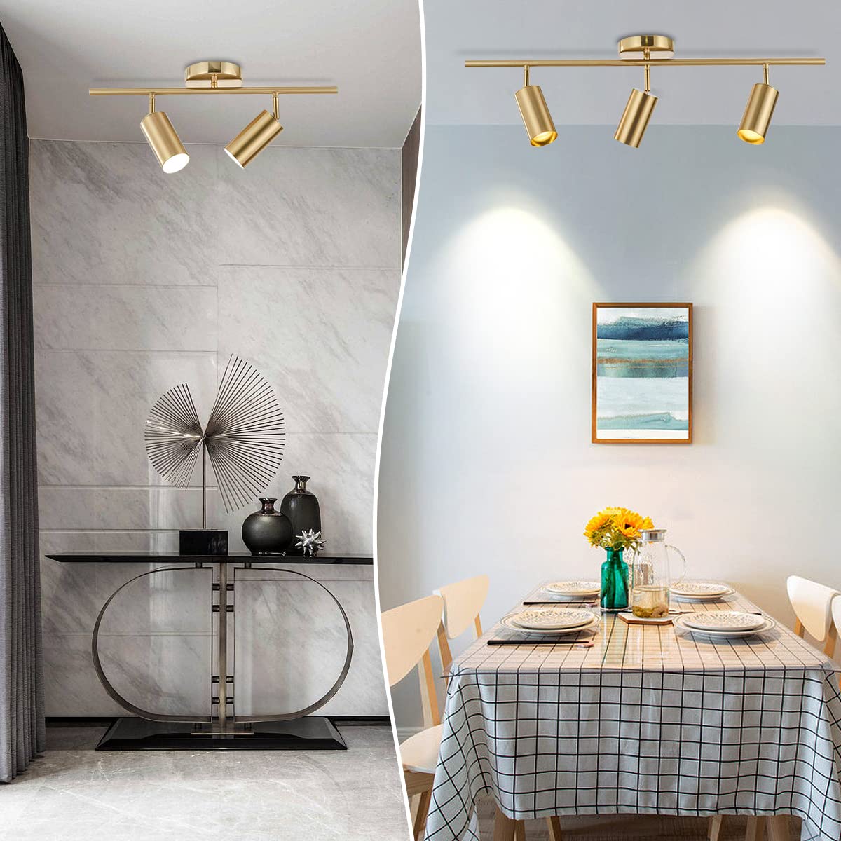 BOKT Gold Flush Mount Track Lighting Kit - 3-Light Adjustable Modern Ceiling Light Fixture for Kitchen Island, Living Room, Bedroom | Dimmable Wall Decor Lamp for Home & Office Spaces