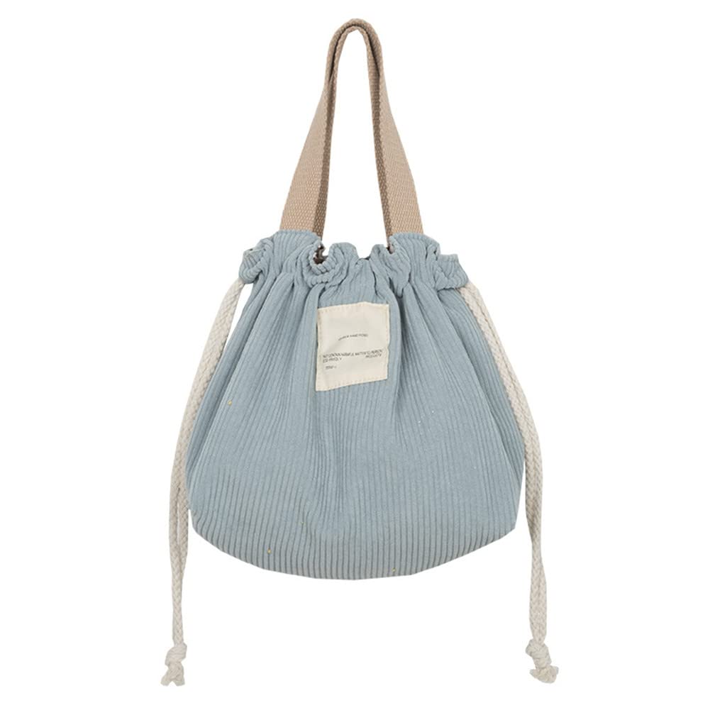 Kelukes Mini Lunch Tote Pouch - Reusable Small Picnic Bag, Cute Canvas Corduroy Handbag with Drawstring, Japanese Style Lunch Box for Women & Kids (Blue) - Perfect for School, Work, Picnics & Outdoor Activities
