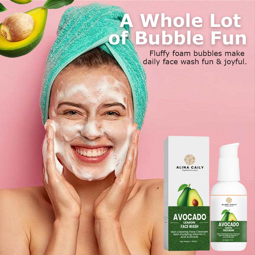 Alina Caily Avocado & Lemon Face Wash for Women - Vitamin C Anti-Aging Cleanser for All Skin Types, Oily Skin Care, 100ml, Paraben-Free | Gentle Daily Cleansing & Brightening Skincare Routine