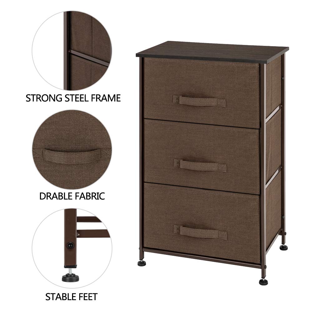 Modern Nightstand with 3 Fabric Drawers - Wood Top Bedside Table with Storage Bins - Lightweight Accent Furniture for Bedroom, Nursery, Hallway & Entryway - Perfect for Small Spaces & Apartment Living (Brown)