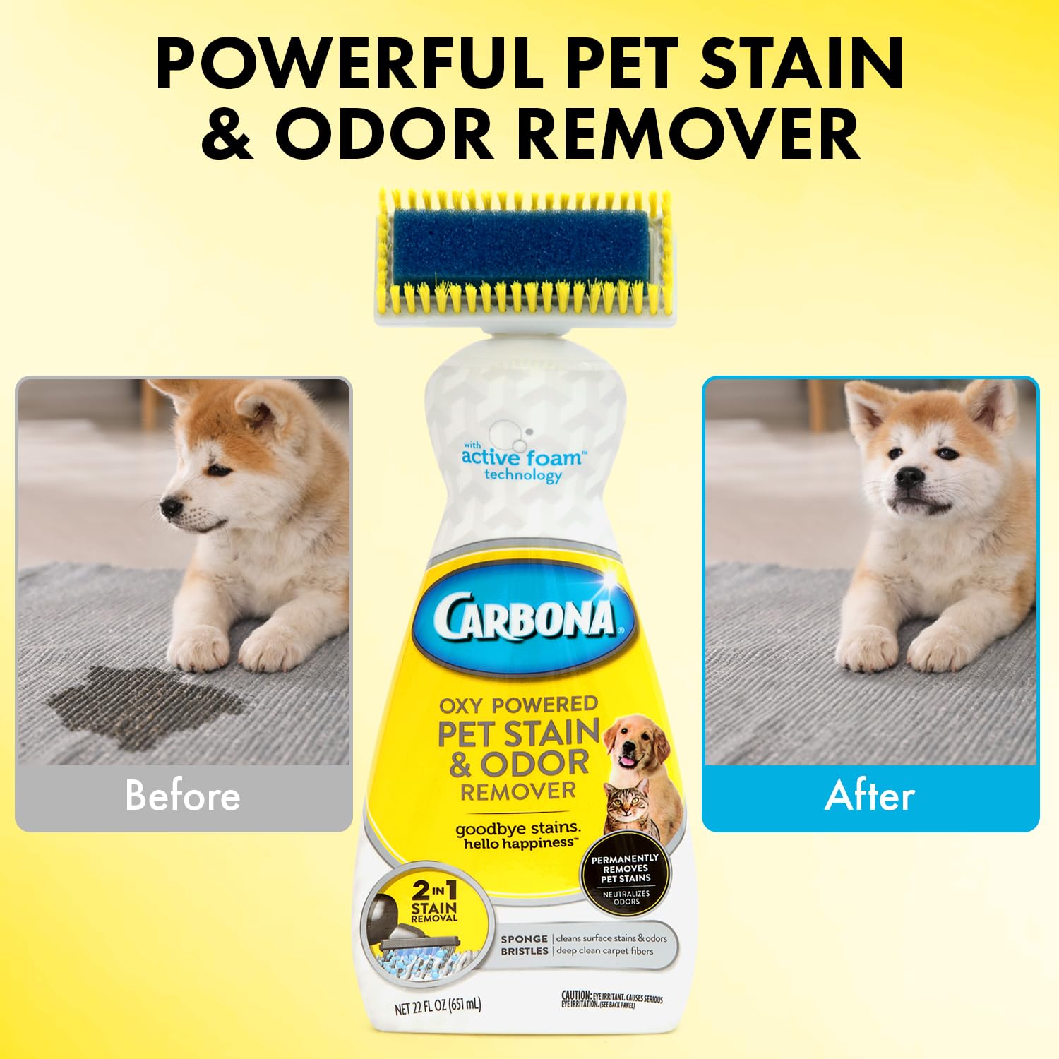 Oxy Powered Pet Stain & Odor Remover - 22oz Carbona Carpet Cleaner with Brush | Effective for Kids & Pets | Removes Tough Stains & Odors | Perfect for Carpets, Upholstery & Pet Areas | Safe for Homes with Children & Animals
