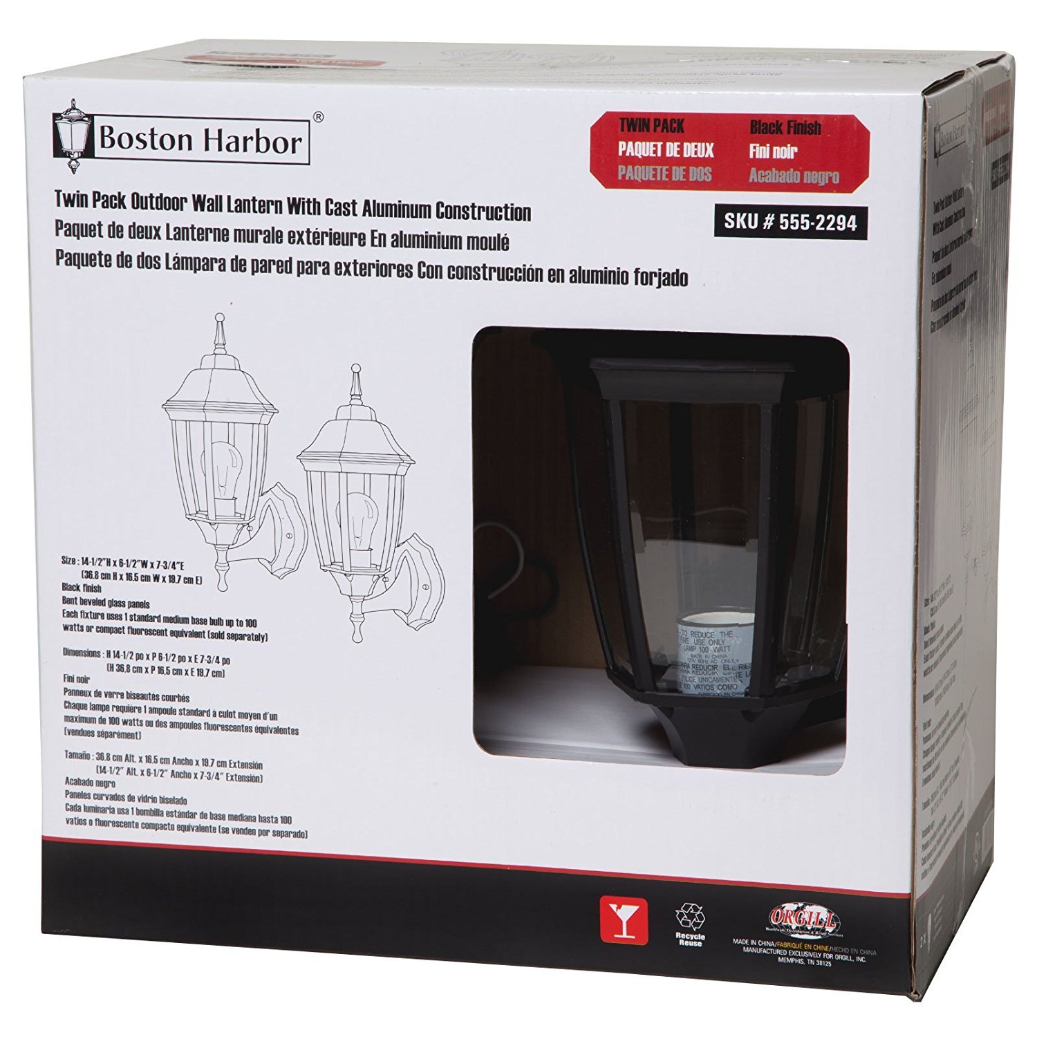 Pro Sourcetwin 5552294 Black Outdoor Wall Lanterns - 2 Pack Set for Porch, Patio, Garden & Exterior Home Lighting
