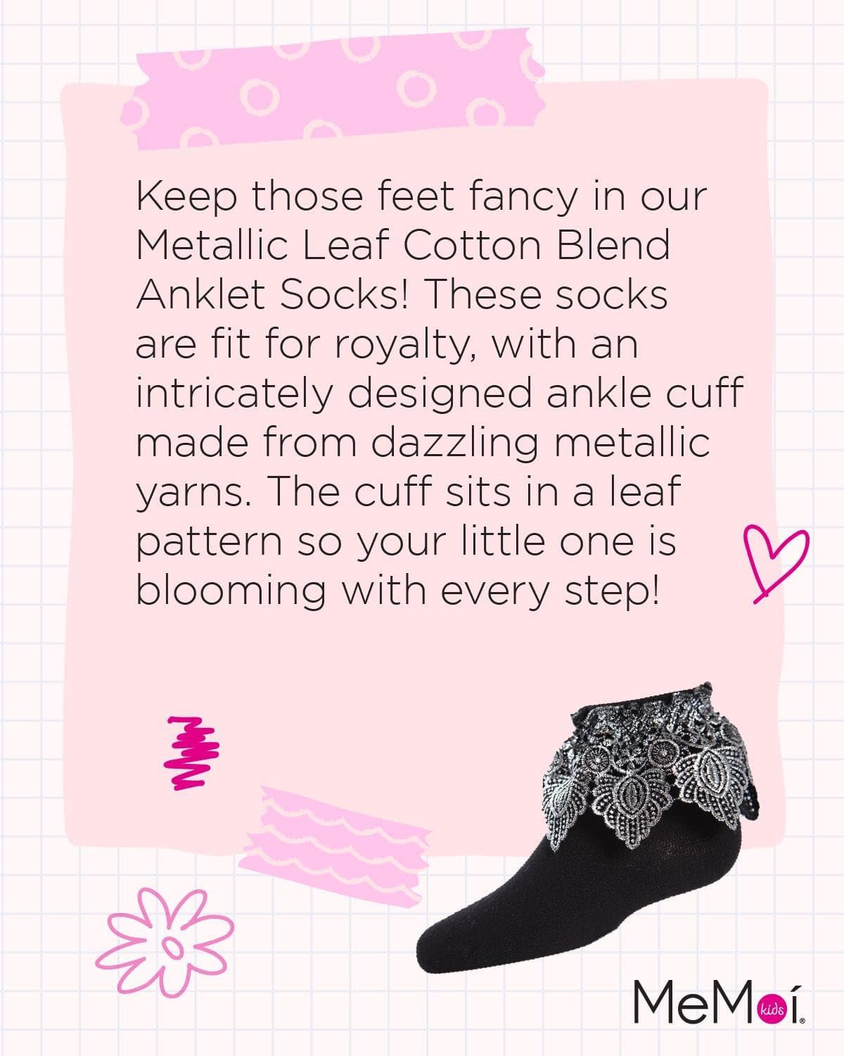 MeMoi Metallic Leaf Girls Cotton Blend Anklet Socks - Cute & Comfortable Socks for School, Play & Everyday Wear