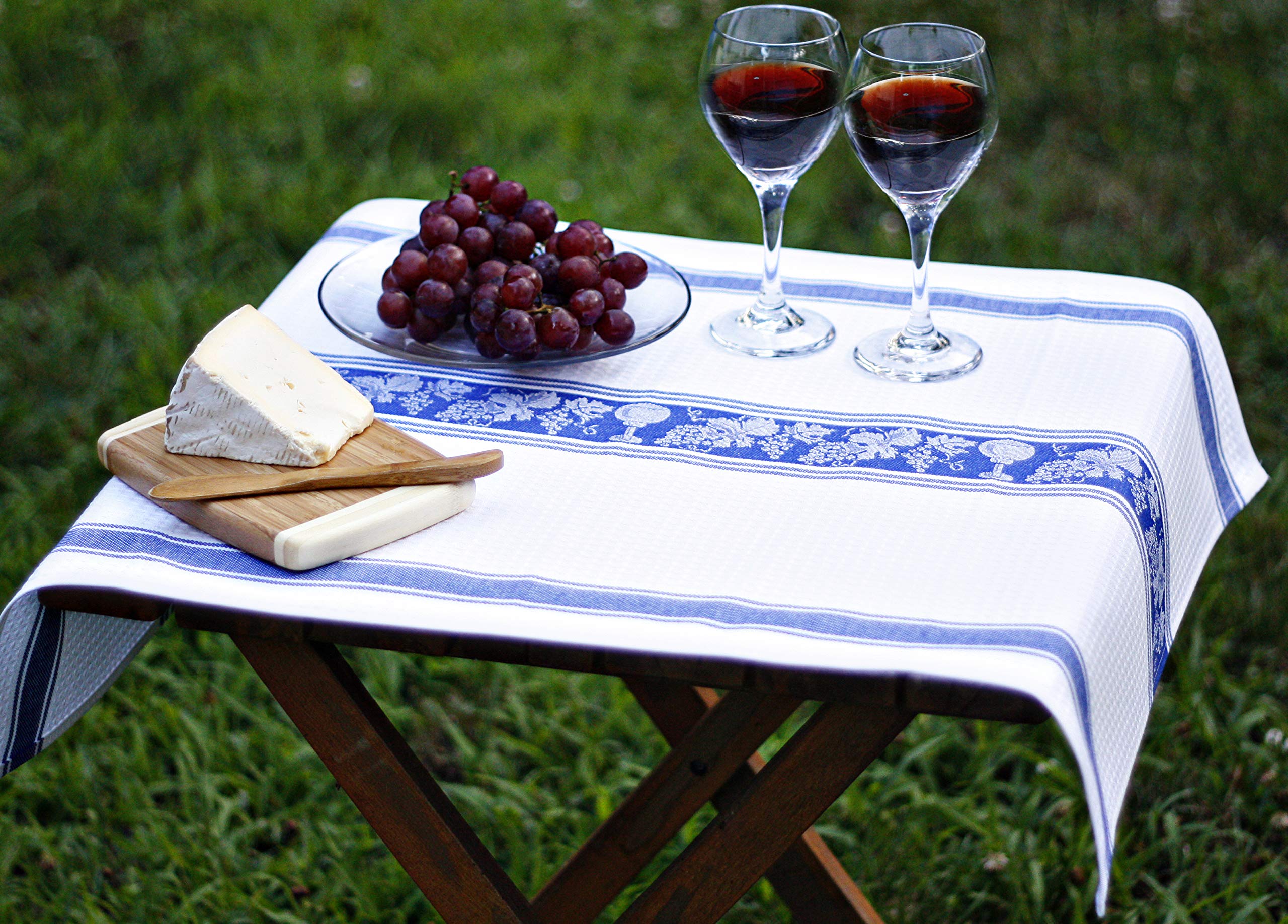 Premium Cotton Waffle Weave Kitchen Towels - Absorbent Grapes & Wine Pattern Dish Towels (Blue & White) - Perfect for Drying Dishes, Glassware & Kitchen Counter Cleaning