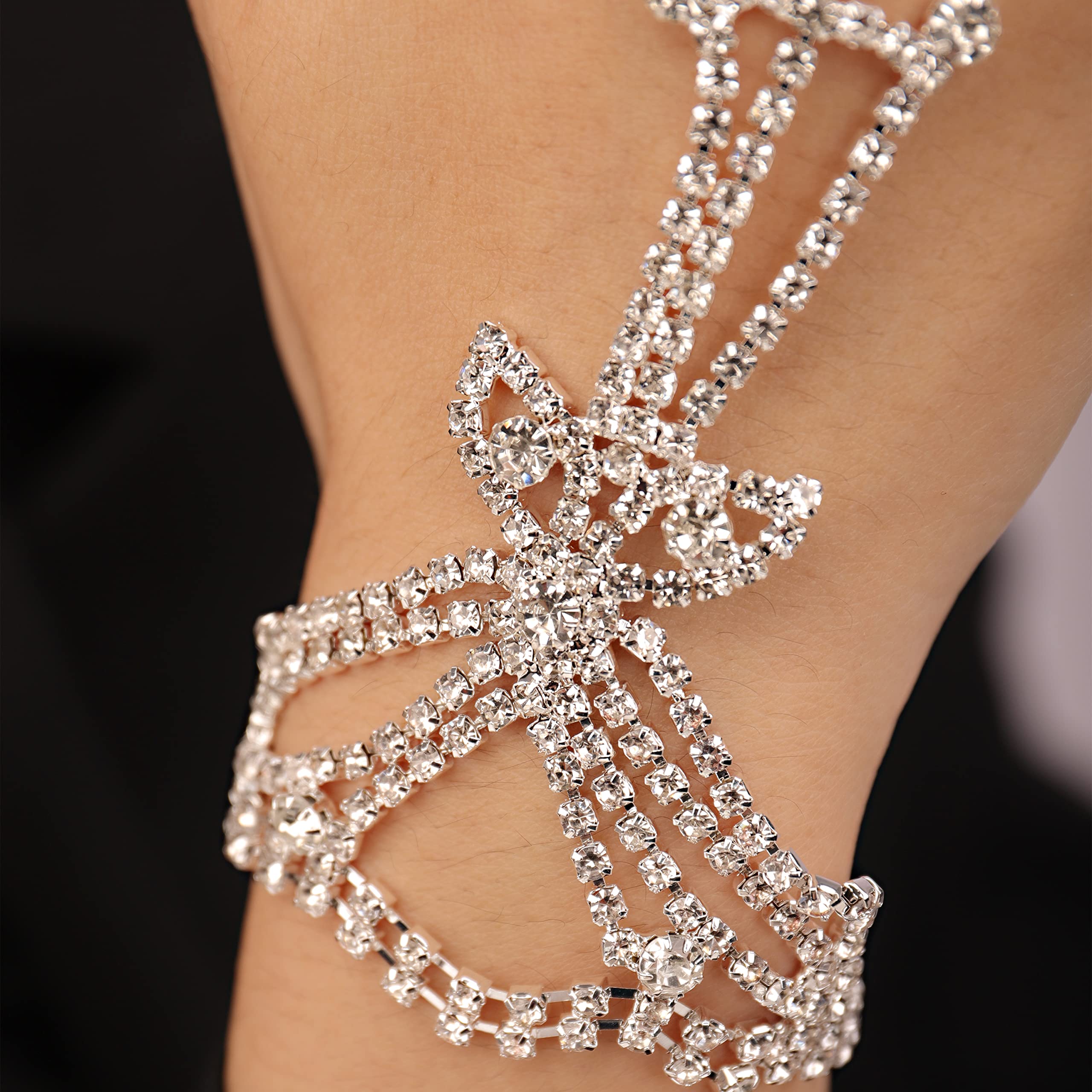 Elegant Rhinestone Butterfly Bridal Bracelet - Adjustable Silver & Gold Crystal Wedding Hand Harness Bangle with Finger Rings - Women's Jewelry Accessories for Bridal Shower, Wedding, Party & Special Occasions