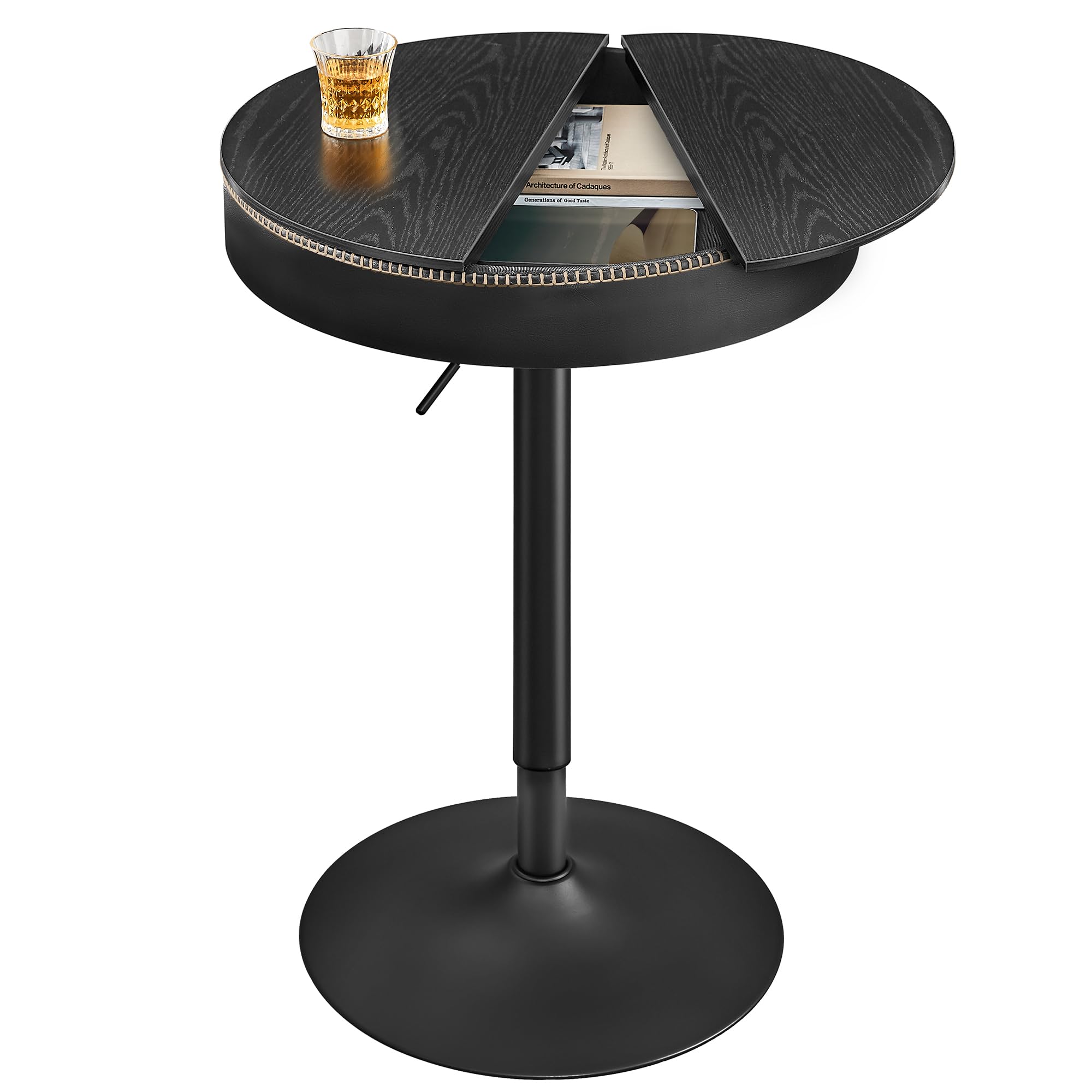 VASAGLE EKHO Height Adjustable Round Bar Table with Storage Shelf - Modern Pub Table for Kitchen, Home Bar or Dining Room - Synthetic Leather with Stitching - Mid-Century Design in Ebony Black & Ink Black - Perfect for Entertaining, Small Spaces and Apartment Living