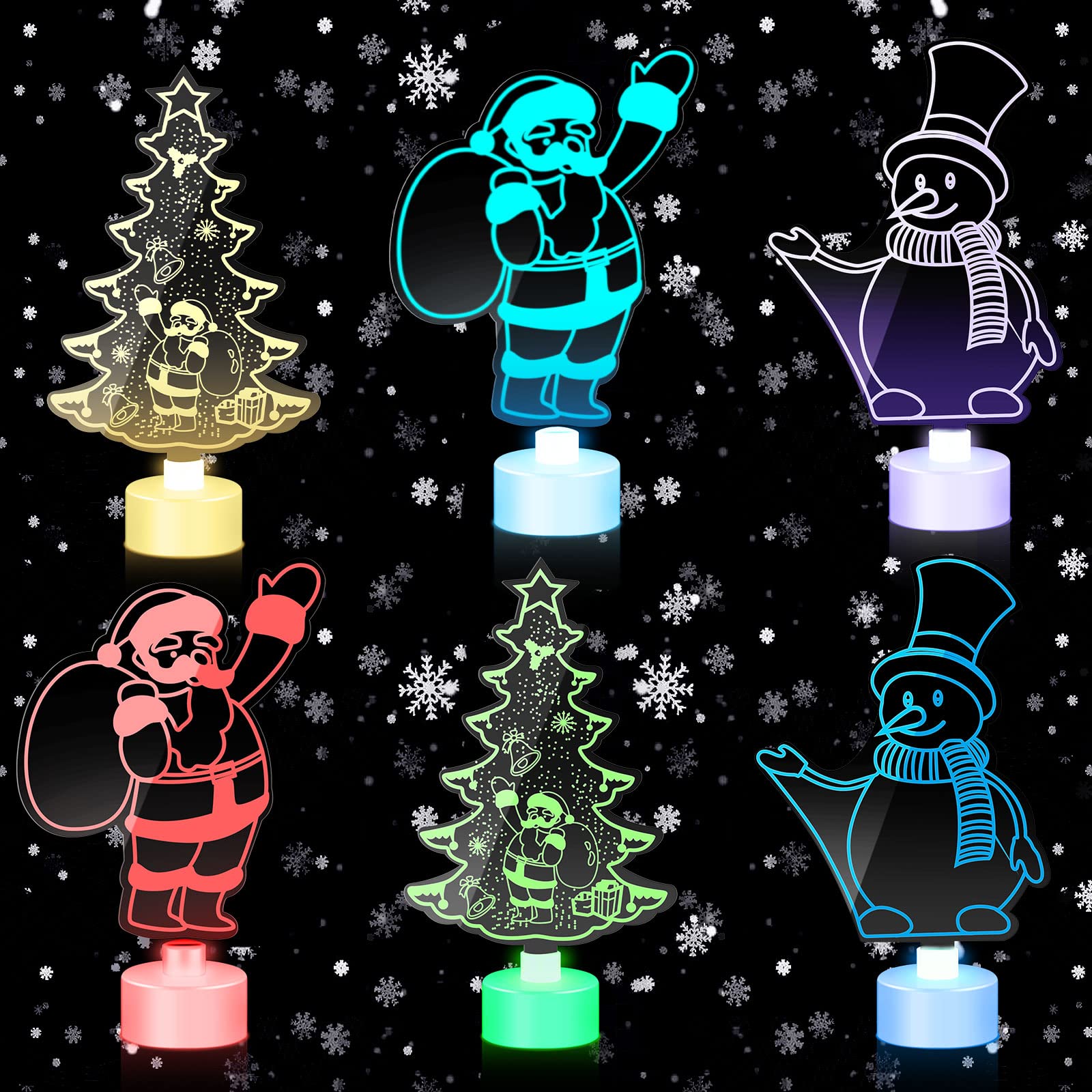 6-Piece 3D Christmas LED Night Light Set - 7 Color Changing Acrylic Tree, Santa & Snowman Figures with Holder Base - Perfect for Bedroom, Nursery & Holiday Decorations