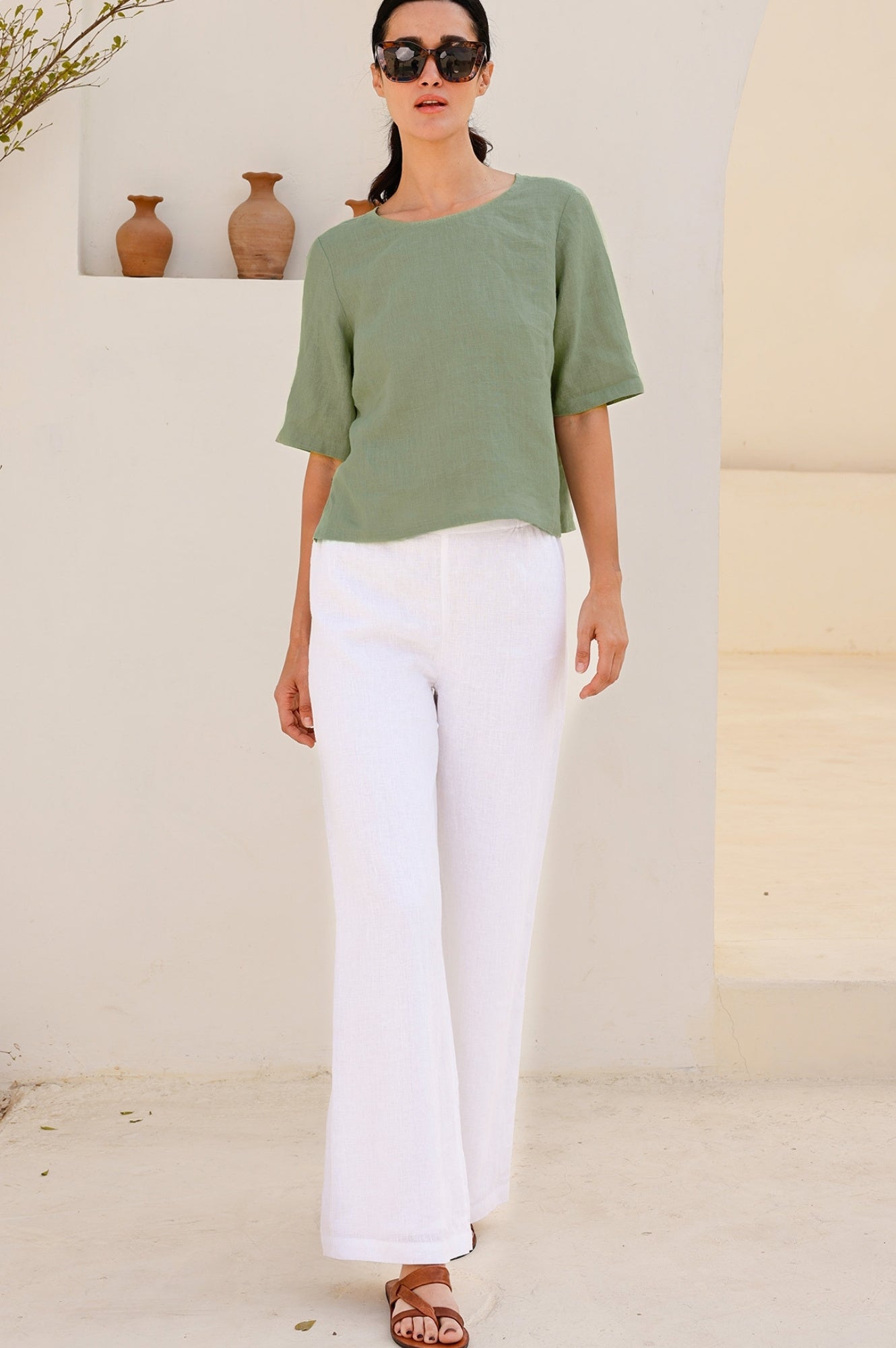 Linen Shell Top Women's Light Khaki - Breathable Summer Blouse for Beach, Office & Casual Wear