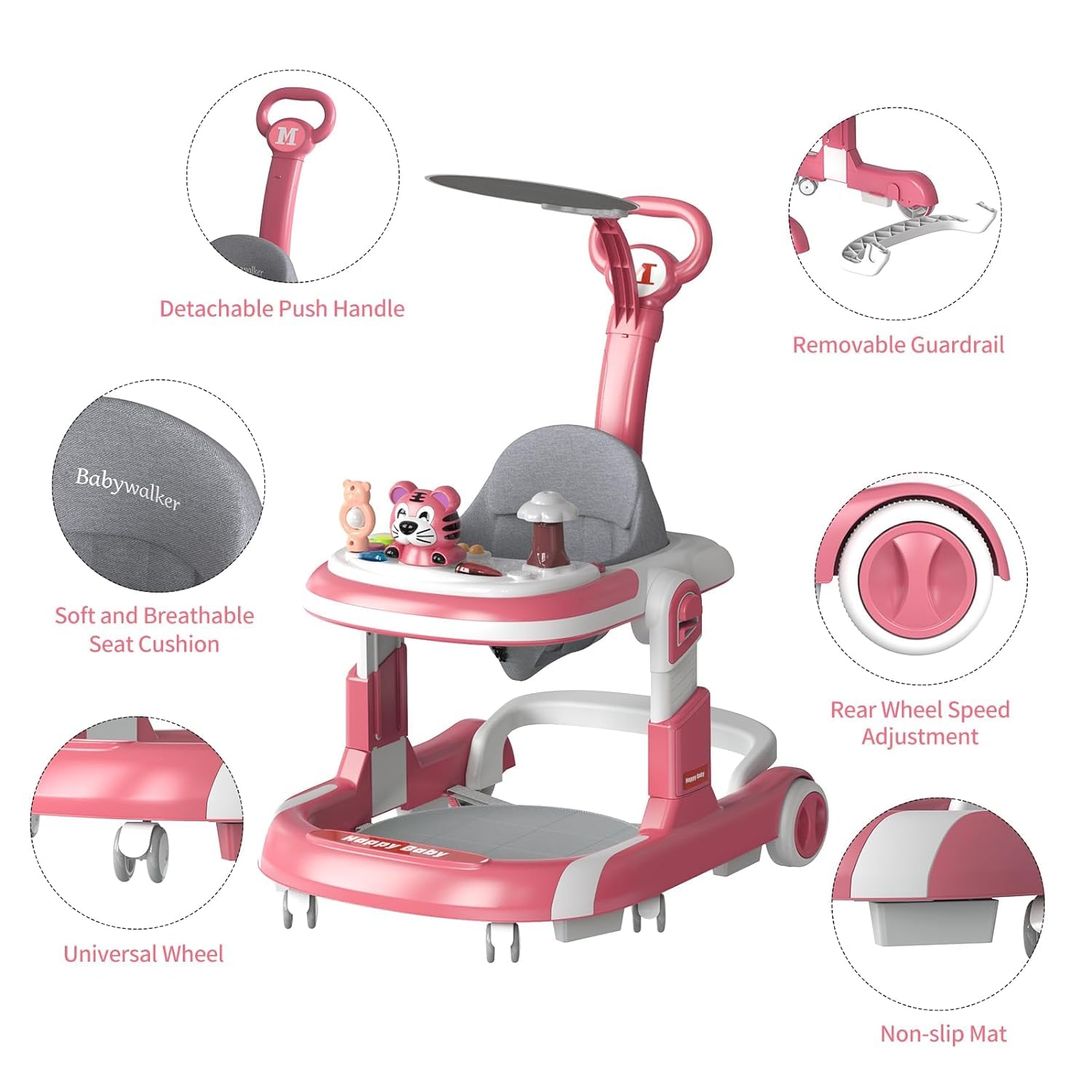 Premium Baby Walker with Wheels & Activity Center - Foldable Infant Toddler Walker for Boys & Girls 6-18 Months | Adjustable Height, Foot Pads & Toys | Perfect for Learning to Walk & Indoor Playtime (Pink)