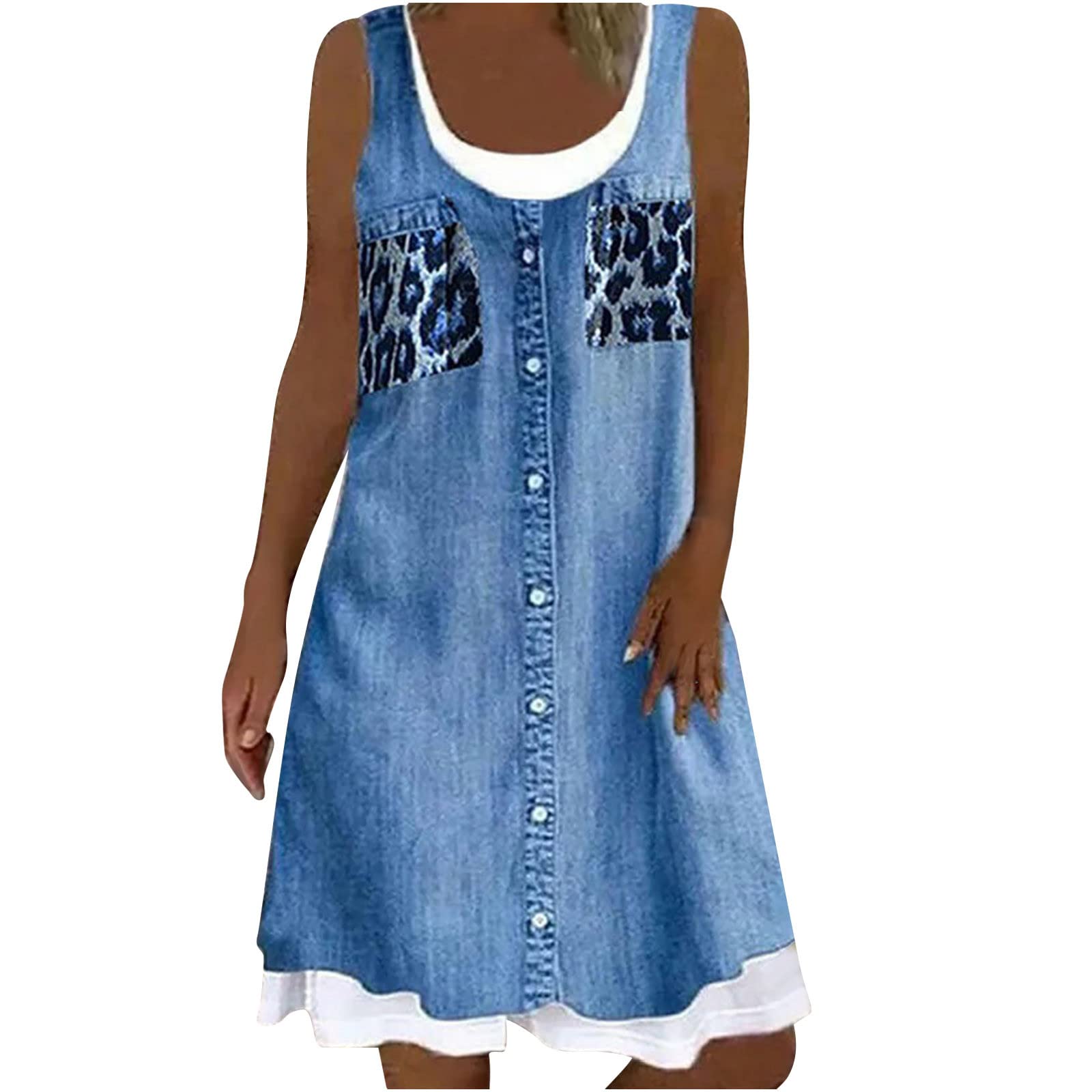 Women's Floral Print Faux Denim Two-Piece Dress - Sleeveless Round Neck Summer Casual Midi Dress for Beach, Vacation & Outdoor Parties