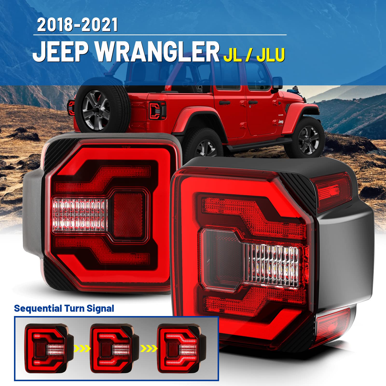 AUTOWIKI LED Tail Lights for 2018-2025 Jeep Wrangler JL & 2021-2025 Jeep Wrangler 4XE Plug-in - Black Housing Red Lens - Direct Replacement Rear Lamps Assembly (1 Pair) - Perfect for Off-Roading & Night Driving