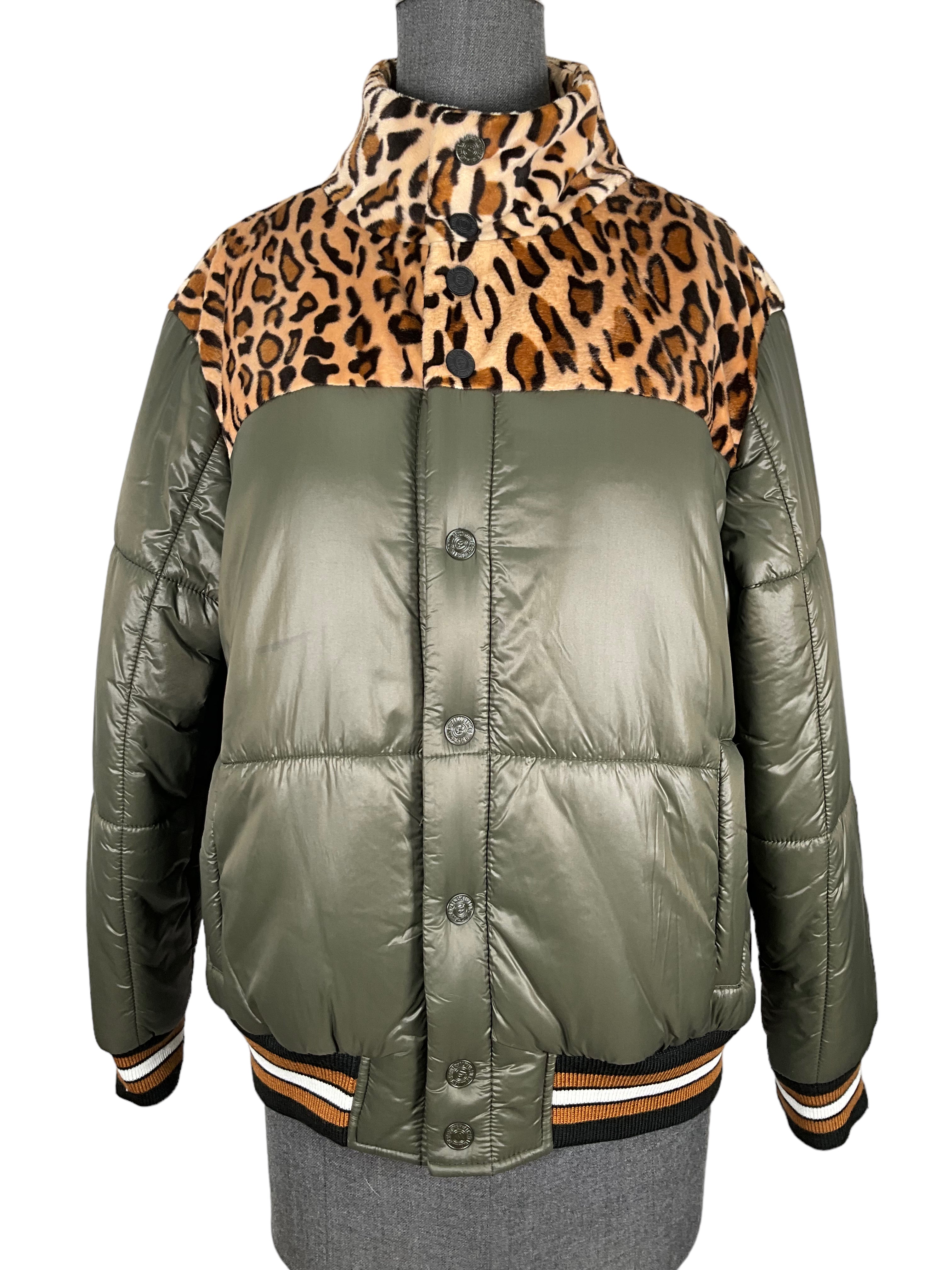 Stylish Olive Green & Cheetah Print Puffer Jacket for Women - Size S | Winter Warm Coat for Outdoor Activities & Fashion Streetwear