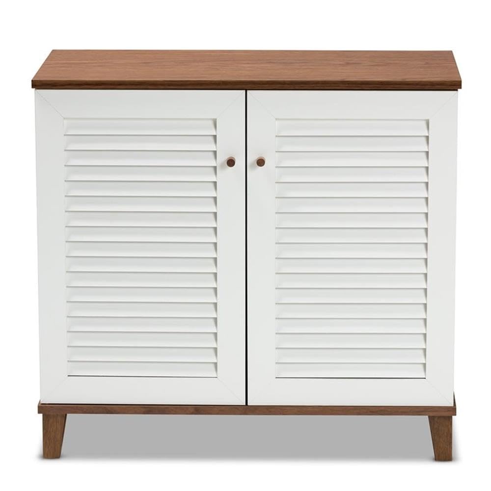 BOWERY HILL Modern 2-Door Shoe Cabinet - White & Walnut Shoe Storage Organizer Holds 12 Pairs - Perfect for Entryway, Bedroom or Closet Organization