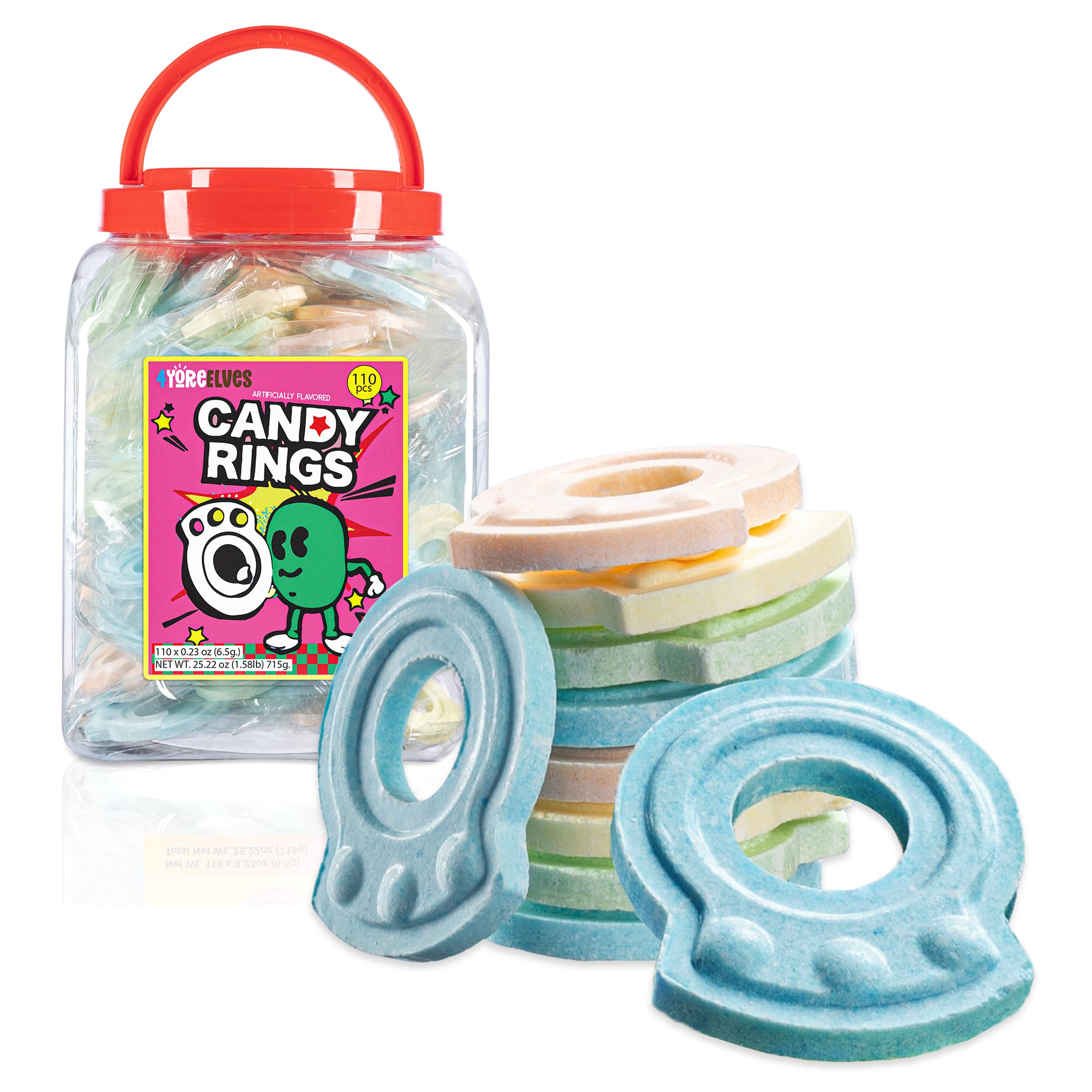110 Individually Wrapped Colorful Candy Rings - Bulk Party Favors for Christmas Stockings, Goodie Bags & Birthday Celebrations | 6 Vibrant Colors, Fun Retro Treats for Kids, Classroom Rewards & Halloween Candy Alternatives by 4YoreElves