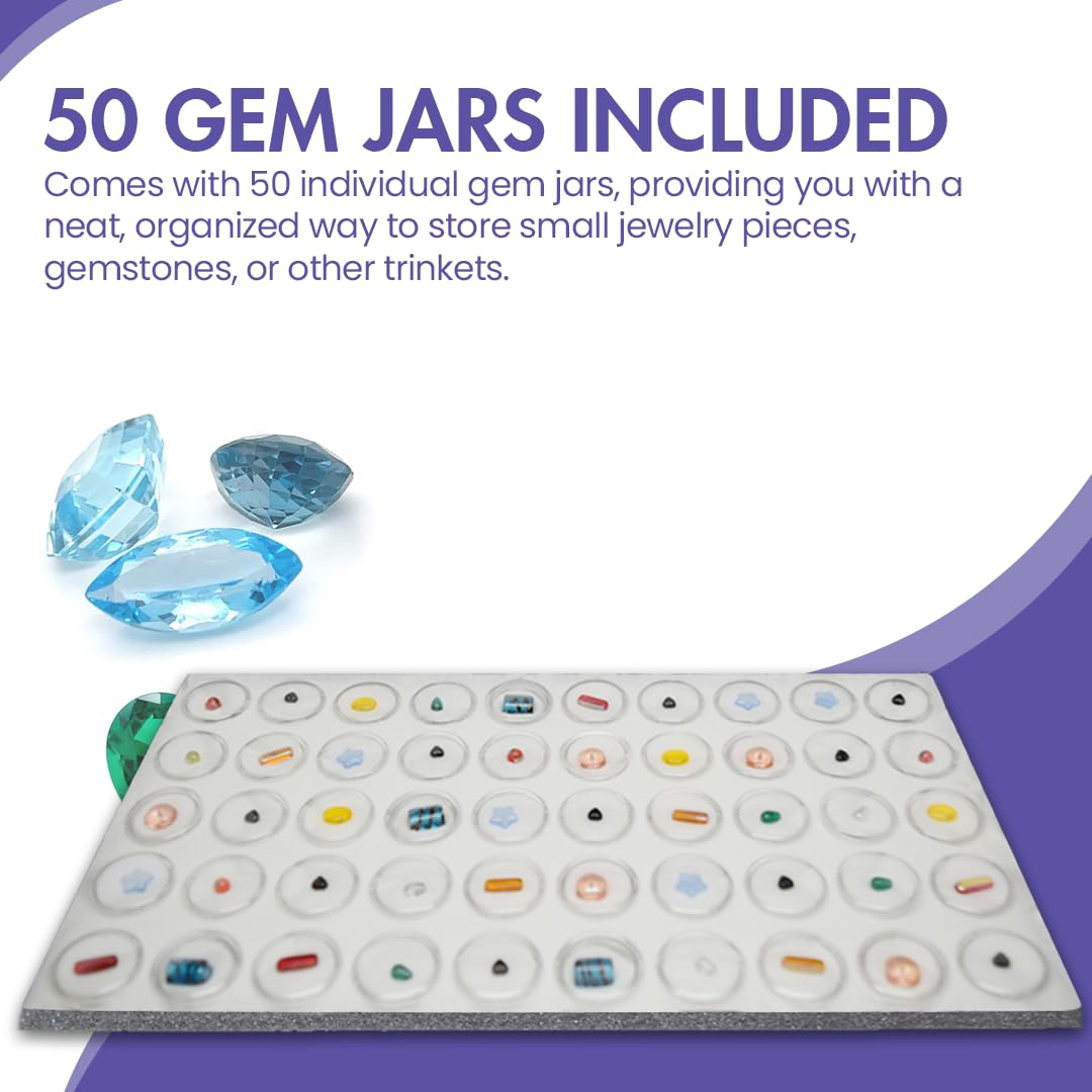 Premium Large Jewelry Display Case 14.75x8.25x1.15 Inches with 50 Gems Jars - Magnetic Detachable Clear Acrylic Lid & White Tray Foam Liner - Elegant Rock Storage Box for Collectibles, Necklaces, Rings & Earrings - Perfect for Home Decor, Gift Giving & Jewelry Organization
