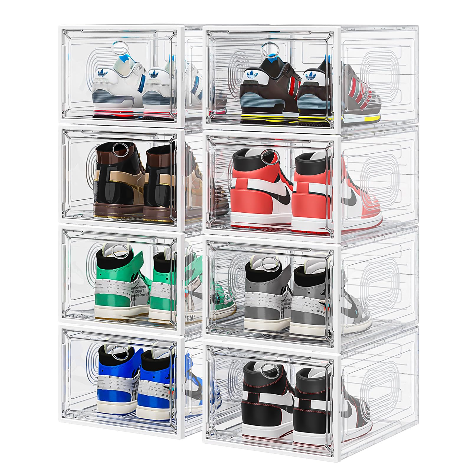 8 Pack Clear Shoe Storage Boxes with Magnetic Door - Stackable Thick Plastic Shoe Organizers for Sneakers, Boots & Closet Organization - Perfect for Wall Mounting & Space Saving in Bedrooms, Dorms & Entryways