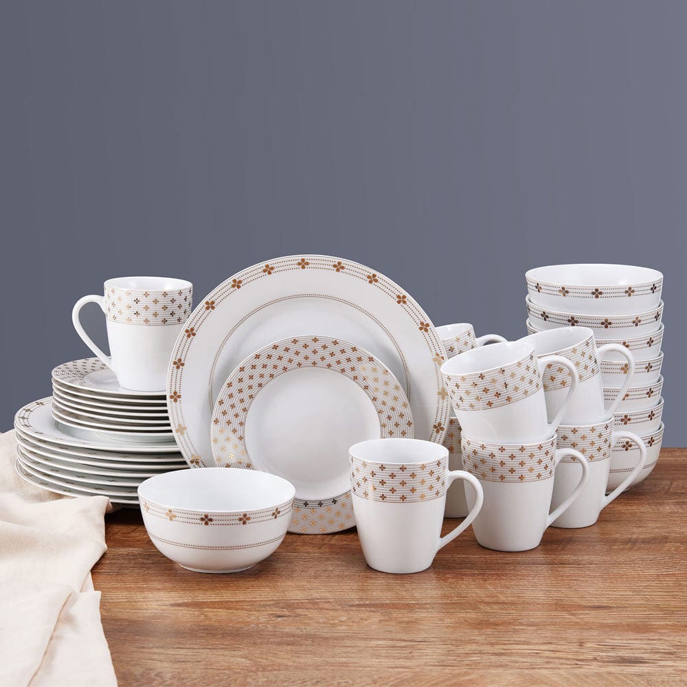 Modern Petals 32-Piece Dinnerware Set - Service for 8, Porcelain Dinner Plates, Salad Plates, Bowls & Mugs - Elegant Floral Design for Family Dinners, Parties & Home Decor