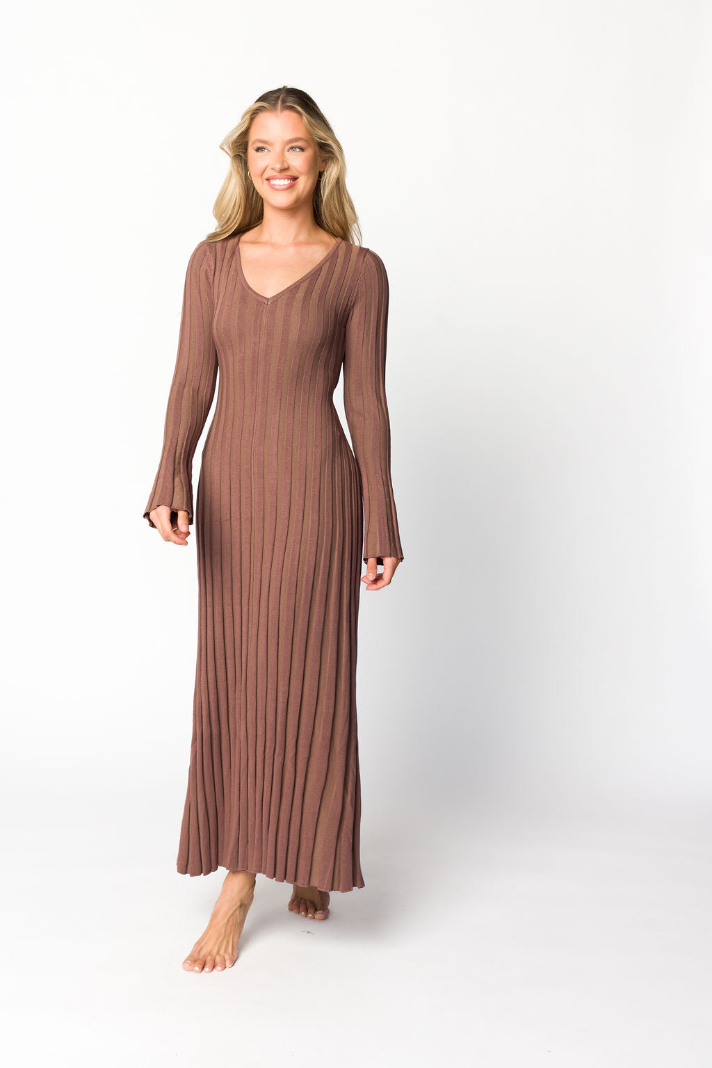 Hadley Long Sleeve V Neck Knit Maxi Dress in Cocoa - Elegant Women's Fall Winter Dress for Casual Outings, Date Nights & Holiday Parties
