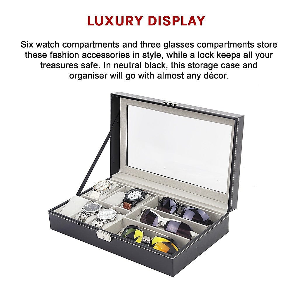 6+3 Grid PU Leather Watch & Sunglass Display Case - Eyeglasses Storage Organizer for Retail Stores, Jewelry Shops and Home Use