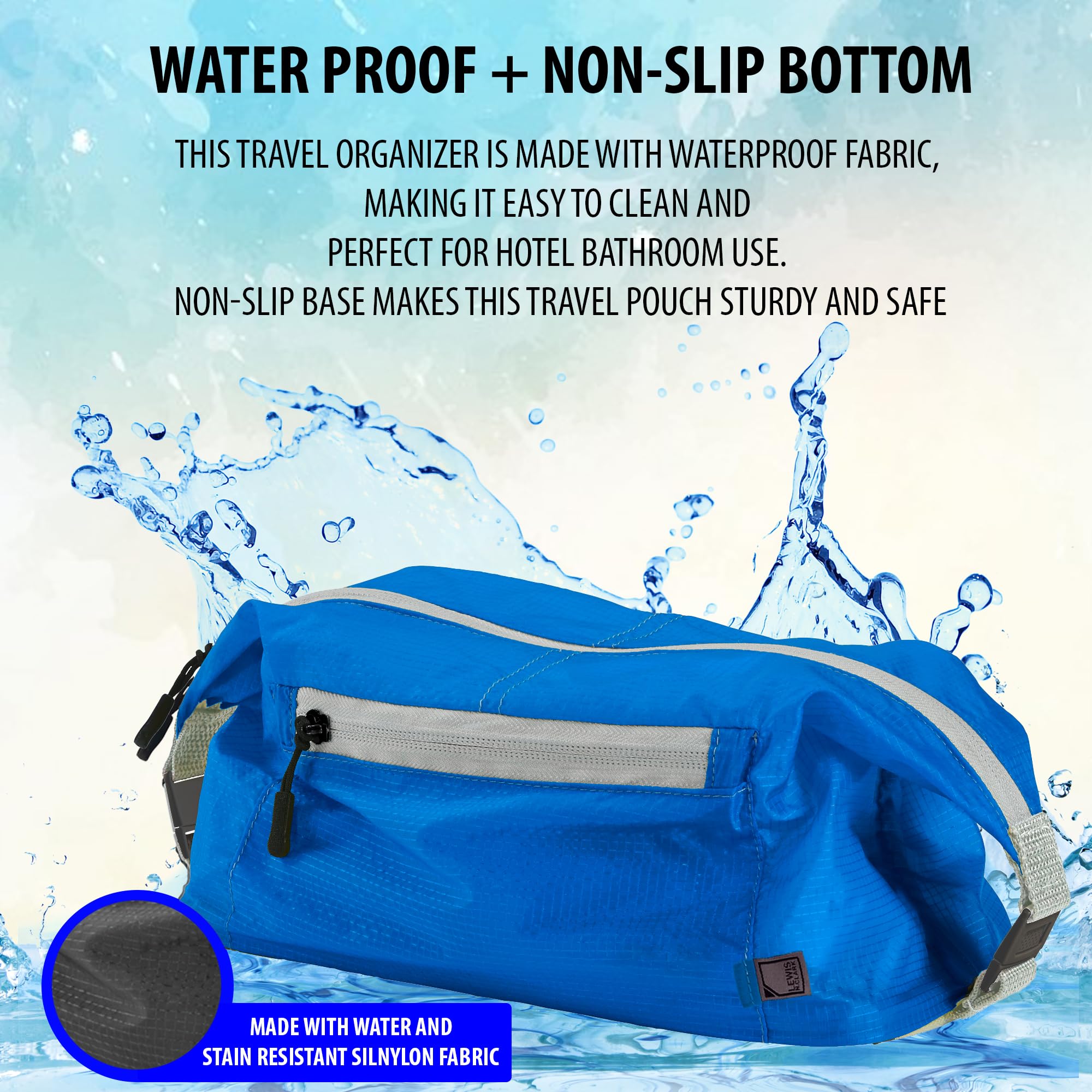 Lewis N Clark Electrolight Waterproof Hanging Toiletry Bag - TSA Approved Travel Cosmetic Organizer for Gym, Bathroom & Camping | Non-Slip Bottom & Multiple Pockets (Bright Blue) - Perfect for Business Trips, Vacation & Daily Use