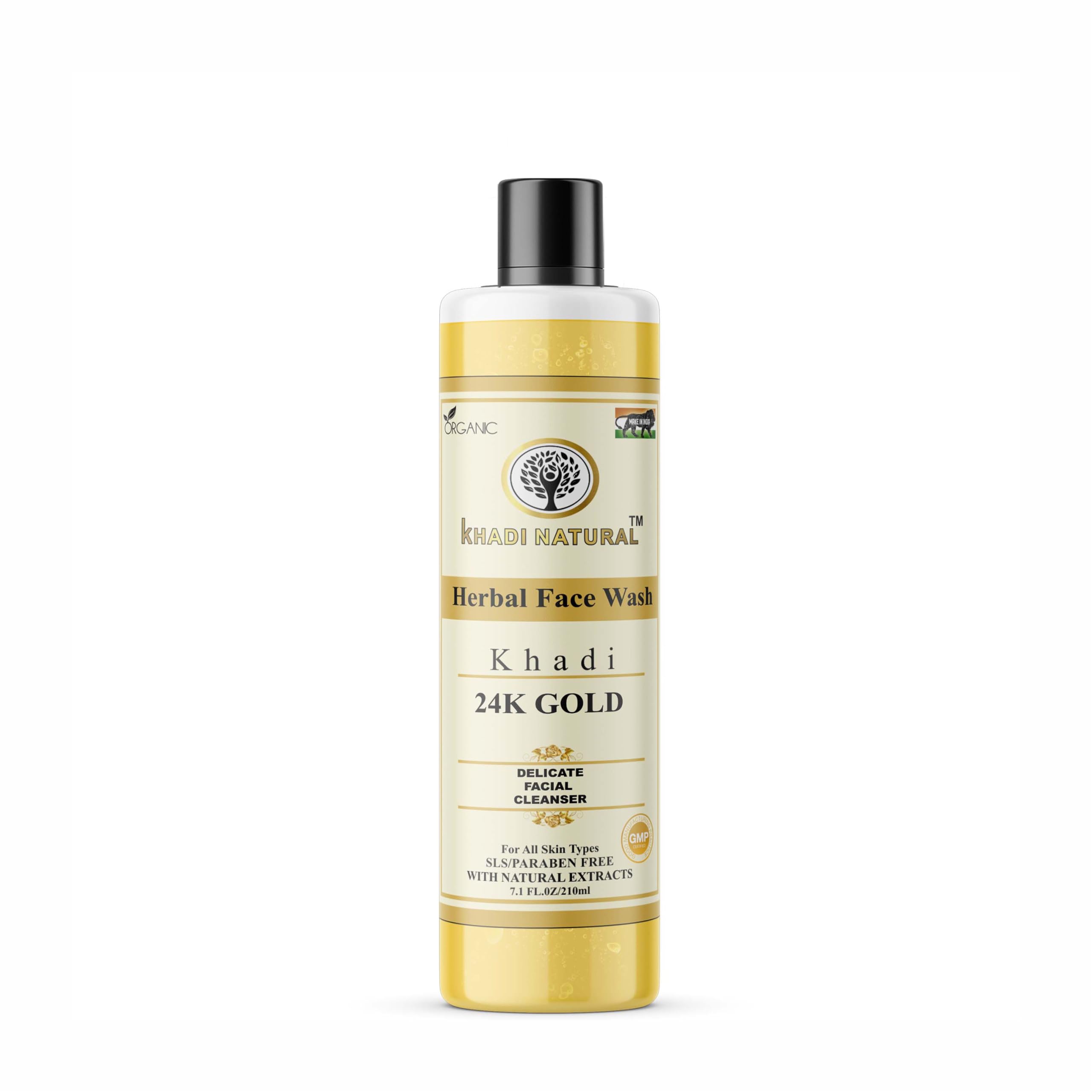Khadi Natural 24K Gold Facial Cleanser 210ml - Anti-Aging & Brightening Face Wash with Pure Gold - Perfect for Daily Skincare Routine & Glowing Skin