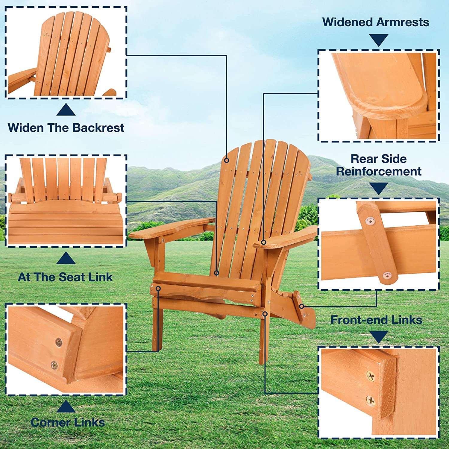 Solid Wood Folding Adirondack Chair - Weather-Resistant Outdoor Patio Furniture with Arms for Deck, Backyard, Garden & Poolside - Perfect for Relaxing, Lounging and Sunbathing
