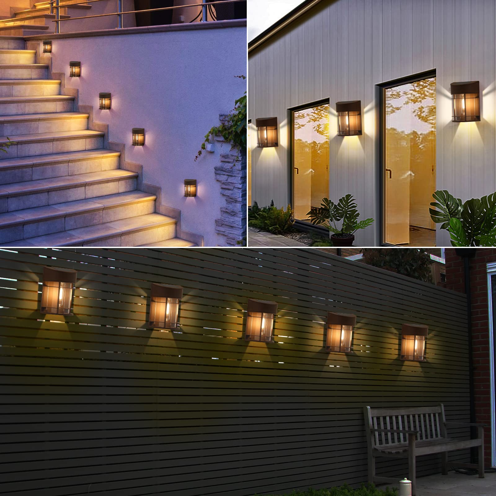 8 Pack Solar Outdoor Lights Waterproof - Auto ON/Off LED Solar Fence & Deck Lights for Garden, Patio, Yard, Porch - Weatherproof Brown Solar Lights for Pathway, Driveway & Landscape Lighting