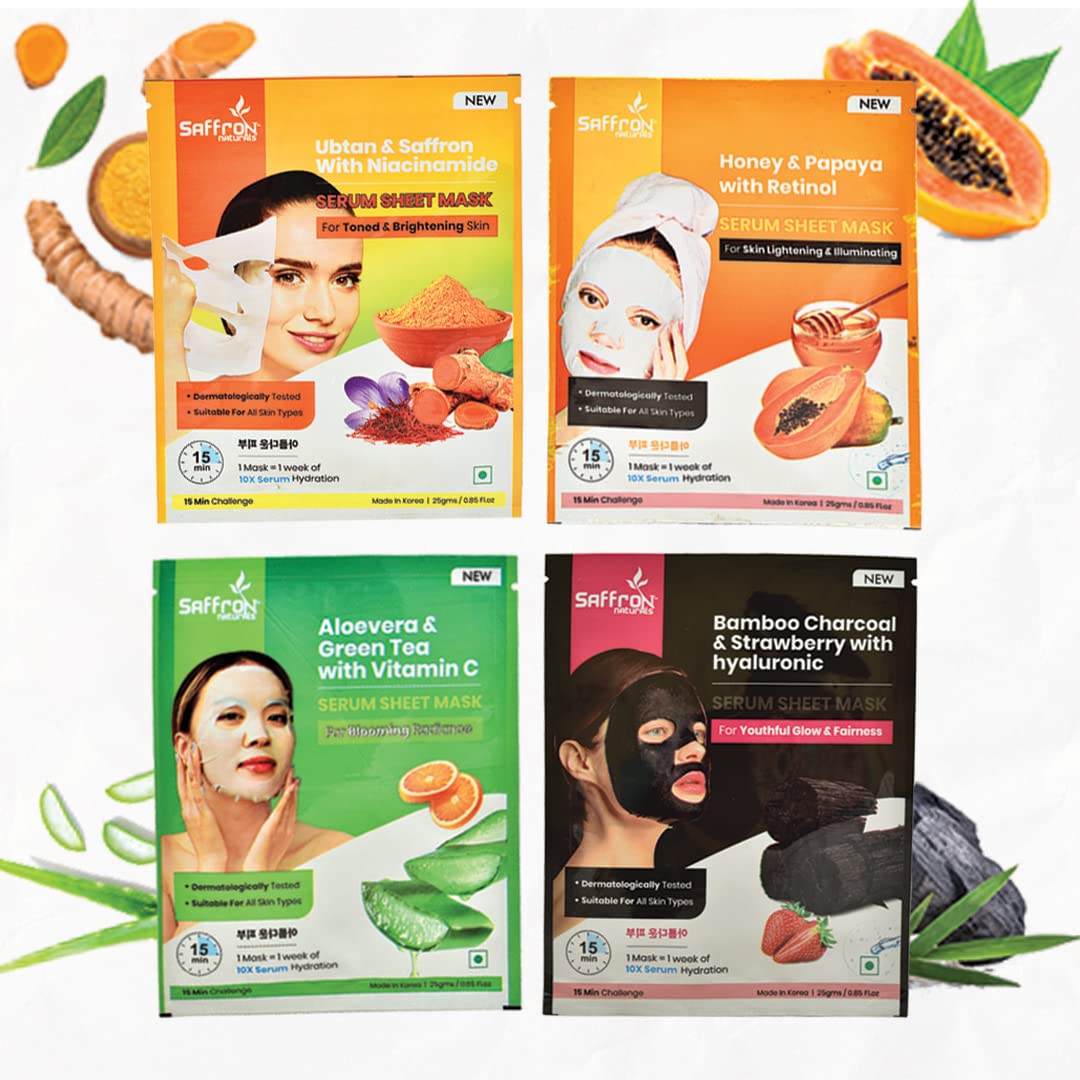 **Saffron Naturals Aloe Vera Green Tea, Bamboo Charcoal Strawberry, Honey Papaya & Ubtan Saffron Face Sheet Mask Set - 4 Pack (25g Each) for Hydration, Detox & Brightening - Perfect for Daily Skincare & Spa Nights**