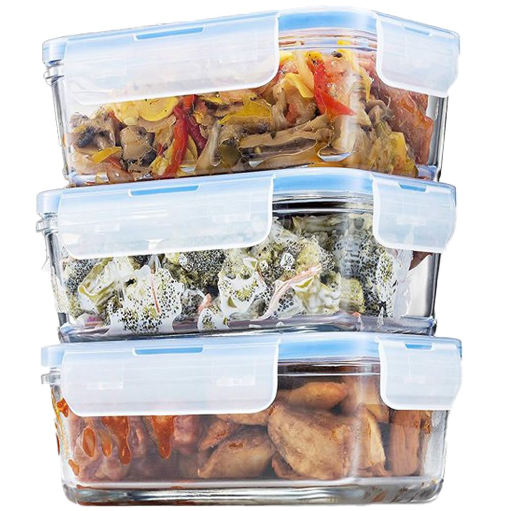 FineDine 28oz Glass Meal Prep Containers - 3-Piece Set, Airtight & Microwave Safe for Snacks, Dips, Lunch Storage