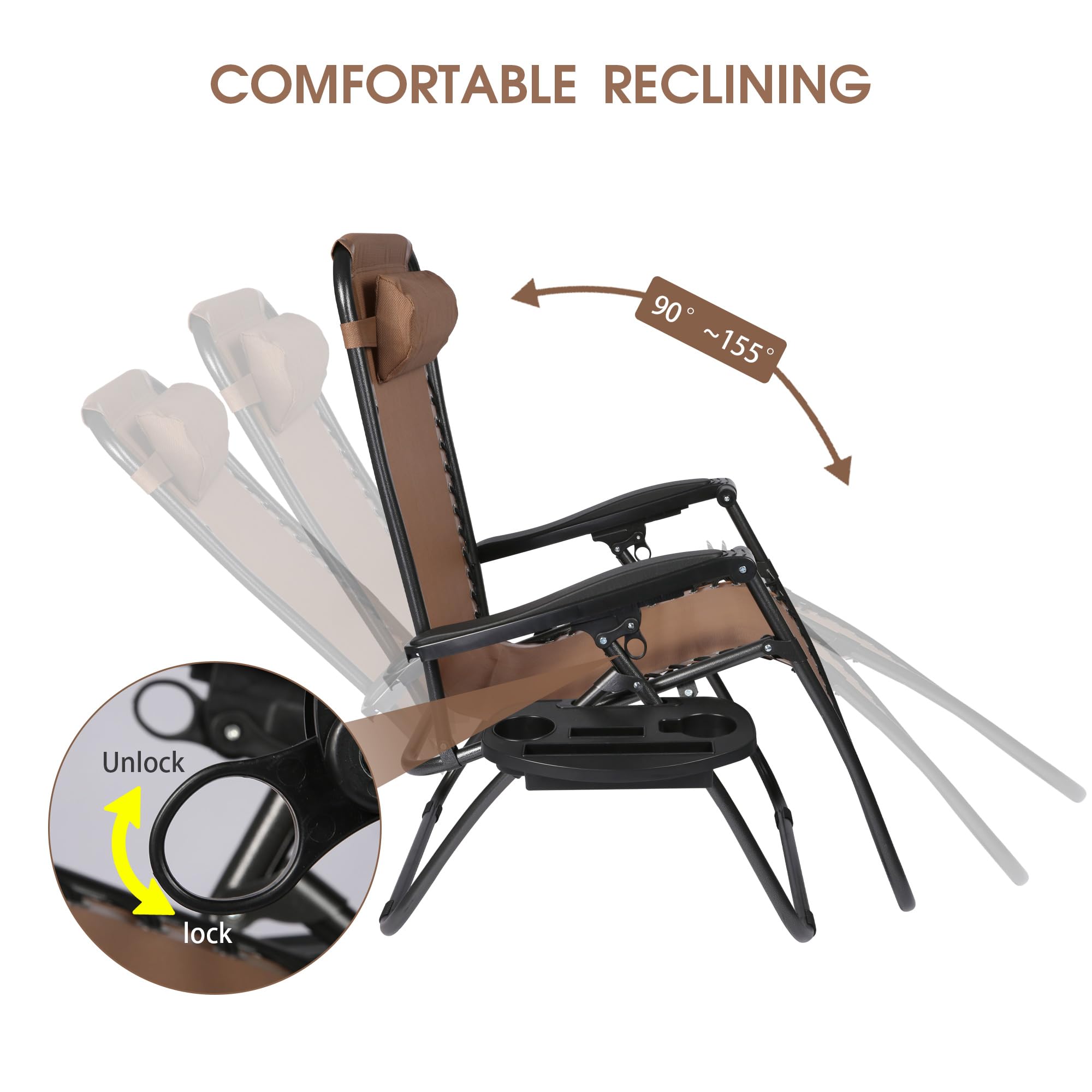 LUCKYERMORE Adjustable Textilene Zero Gravity Chairs Set of 2 - 300LB Capacity Outdoor Folding Recliners with Pillow, Portable Patio Lounge Chairs for Poolside, Beach, Backyard & Garden Relaxation (Brown) - Perfect for Sunbathing, Reading and Outdoor Napping