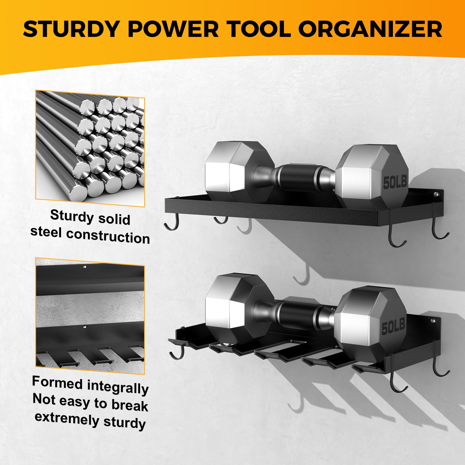 Heavy Duty Wall Mount Power Tool Organizer with 4 Drill Holders & Hooks - Garage Storage for Batteries, Tool Box, Screwdrivers, Pliers & Hammers | Perfect Workshop Organization & DIY Gifts for Men