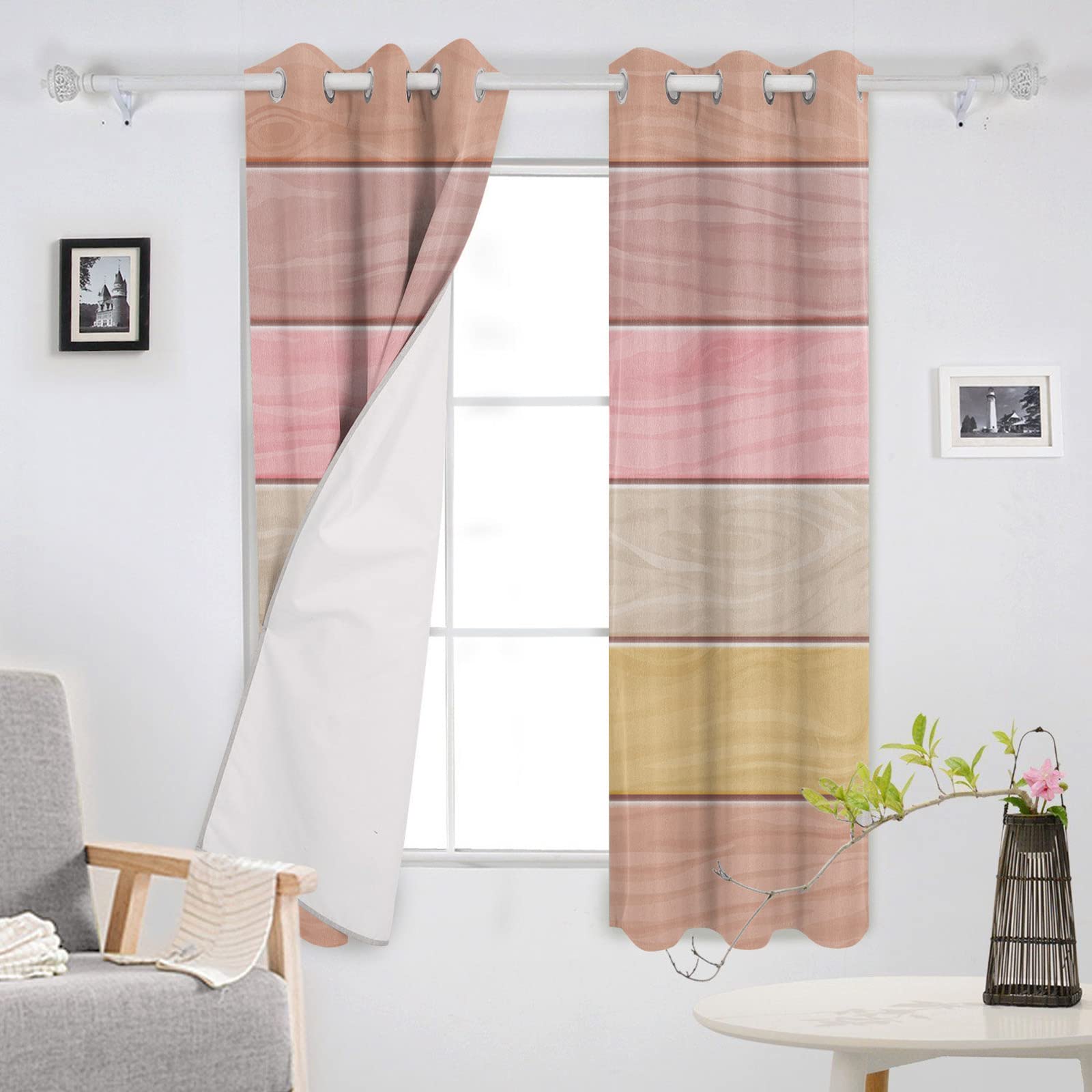 Thermal Insulated Blackout Curtains Set of 2 - 52x96 Inch Pink Wooden Texture Window Drapes for Bedroom, Living Room & Office | Noise Reducing, Energy Saving Home & Hotel Decor