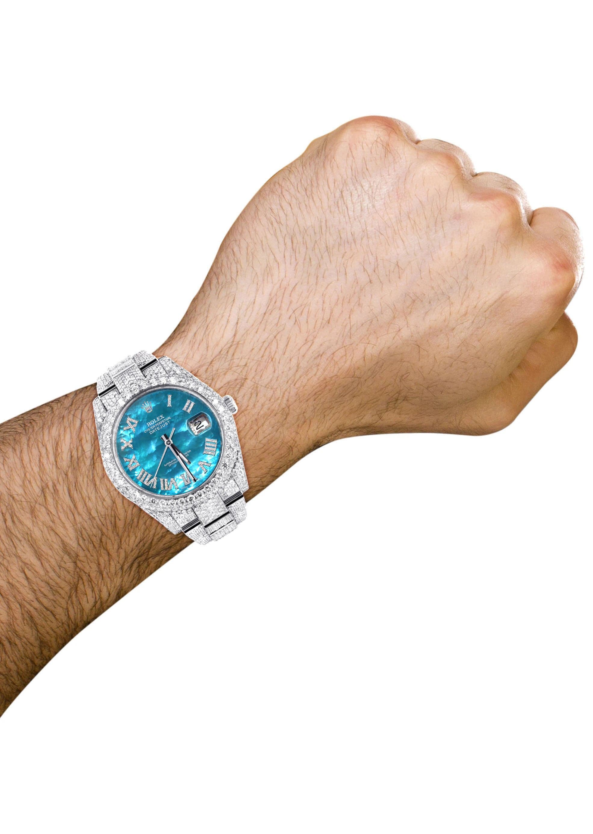 Luxury Diamond Iced Out Rolex Datejust 41 Watch - 25 Carats Genuine Diamonds, Aquamarine Mother of Pearl Dial, Two Row Oyster Band - Perfect for Men's Fashion, Gifts & Special Occasions