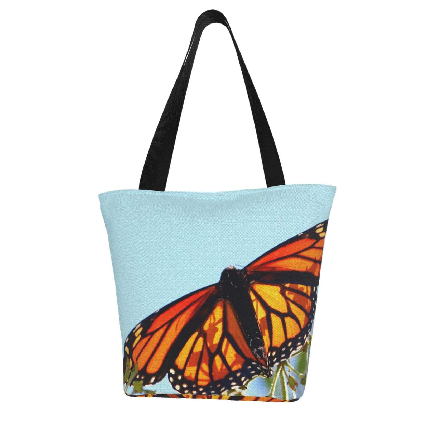 AKLID Monarch Butterfly Large Waterproof Canvas Tote Bag - Reusable Grocery Shopping Bag for Gym, Beach, Travel & Daily Use | Durable Portable Storage Handbag for Women & Men